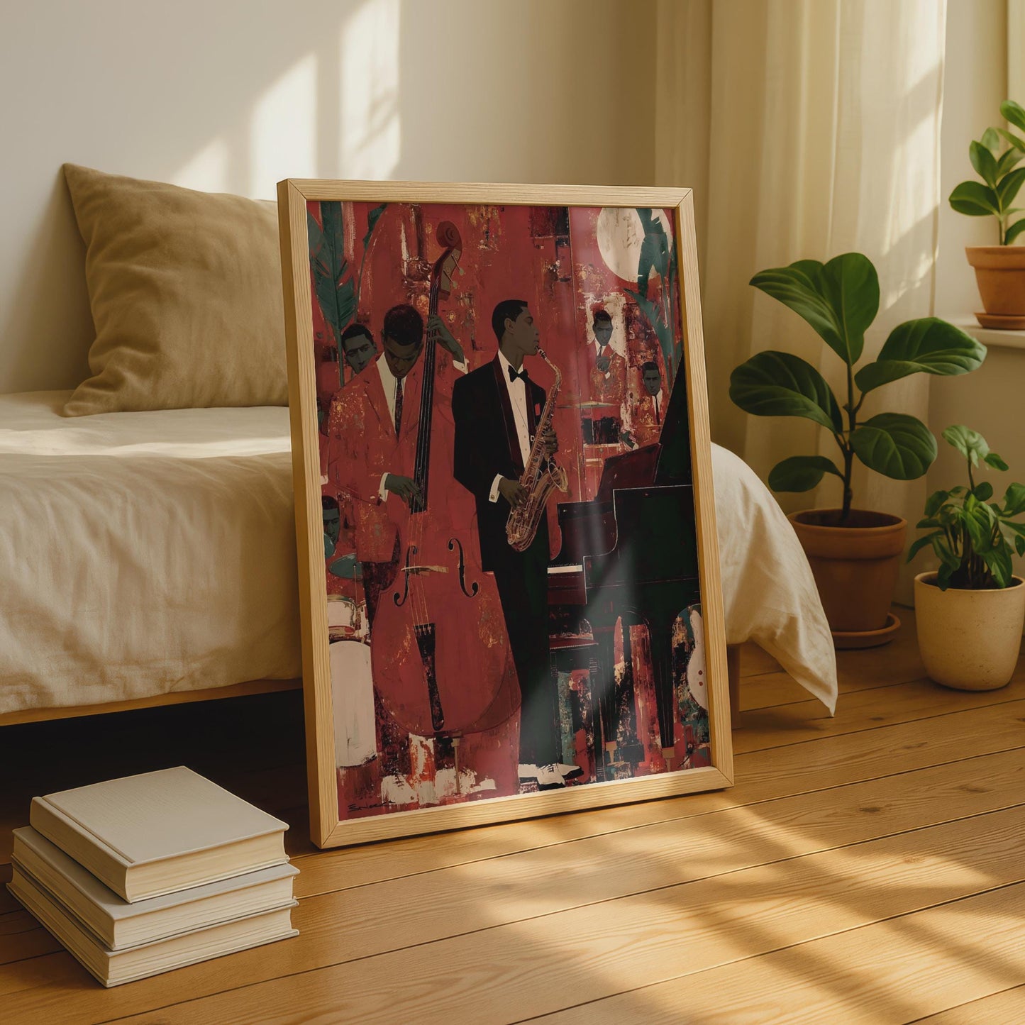 Jazz Band Poster, Saxophone Double Bass Piano, Red Music Wall Art Print