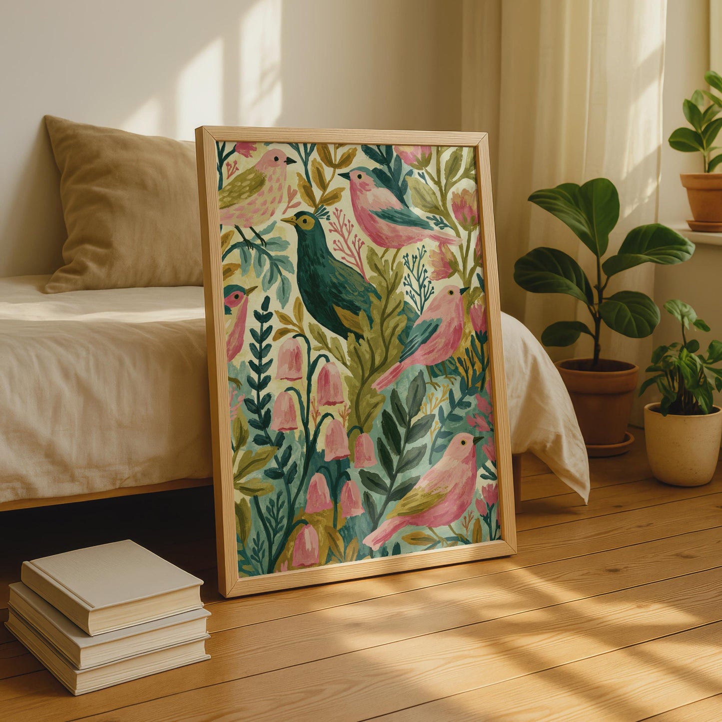 Folk Art Birds Botanical Poster, Pink and Teal Garden Wall Art, Floral Bird Print