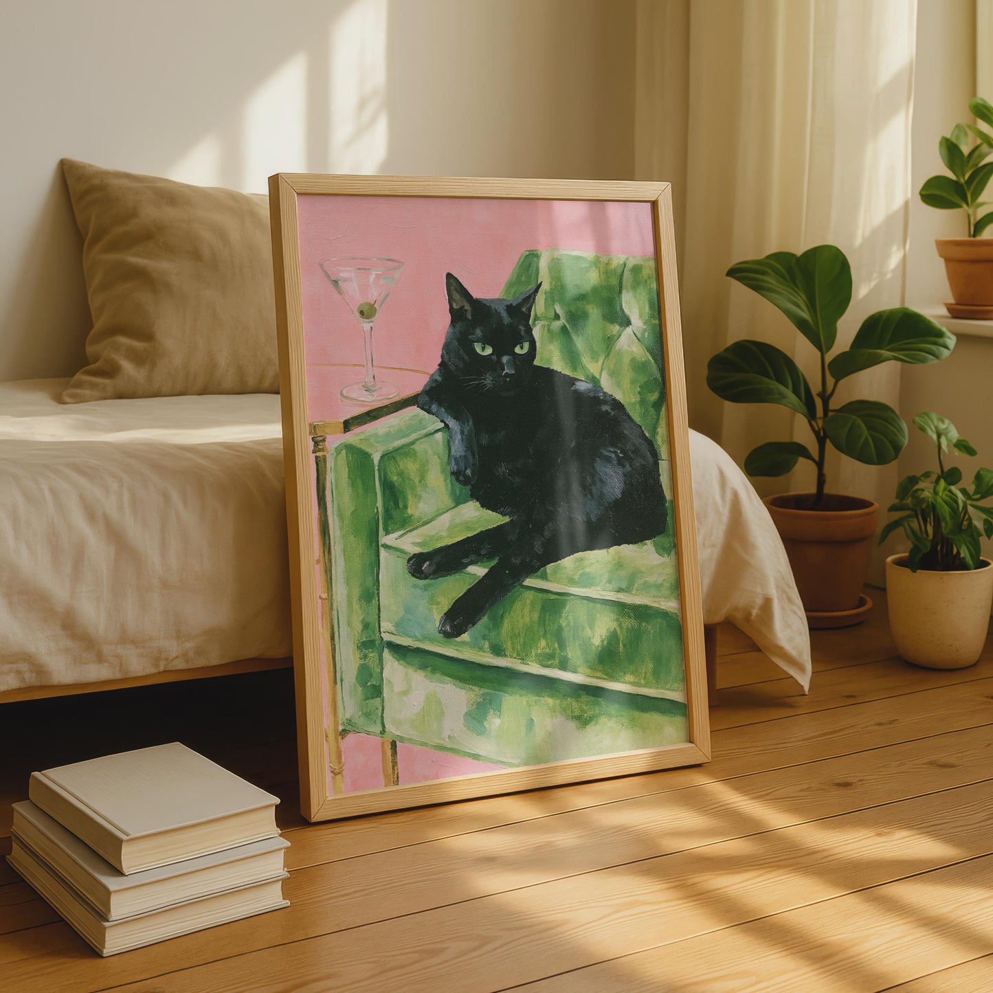Black Cat Martini Poster, Green Velvet Sofa Wall Art, Retro Pink Cat Print for Living Room
