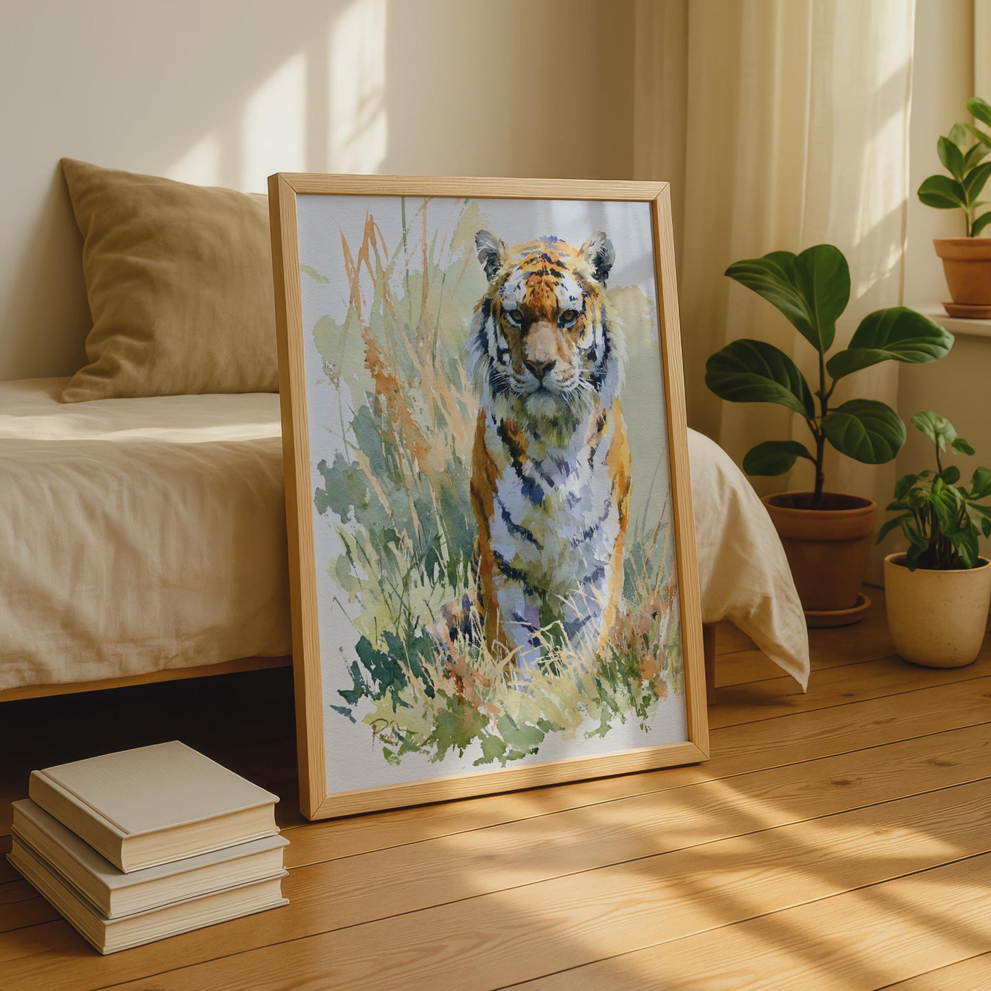 Tiger Watercolour Poster, Wildlife Wall Art Print, Big Cat Nature Decor, Orange