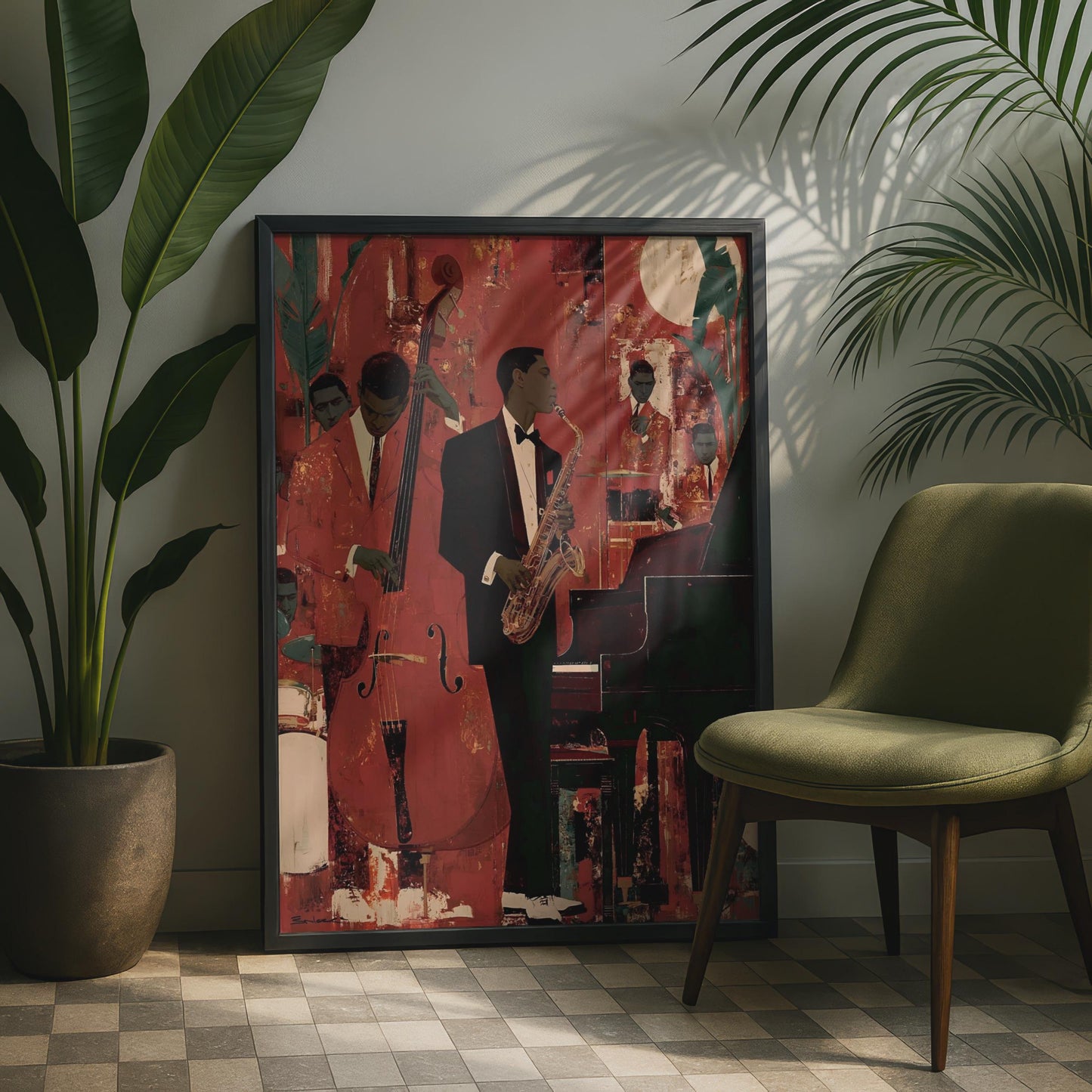 Jazz Band Poster, Saxophone Double Bass Piano, Red Music Wall Art Print