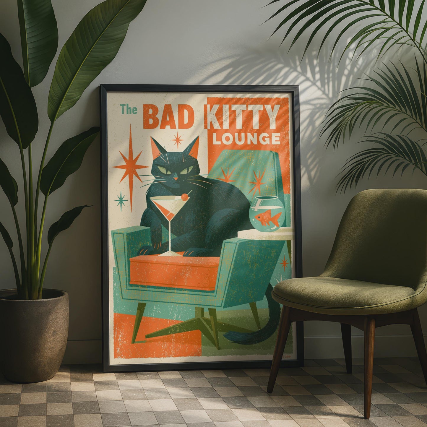 Bad Kitty Lounge Black Cat Poster, Mid Century Modern Retro Cat Wall Art Print