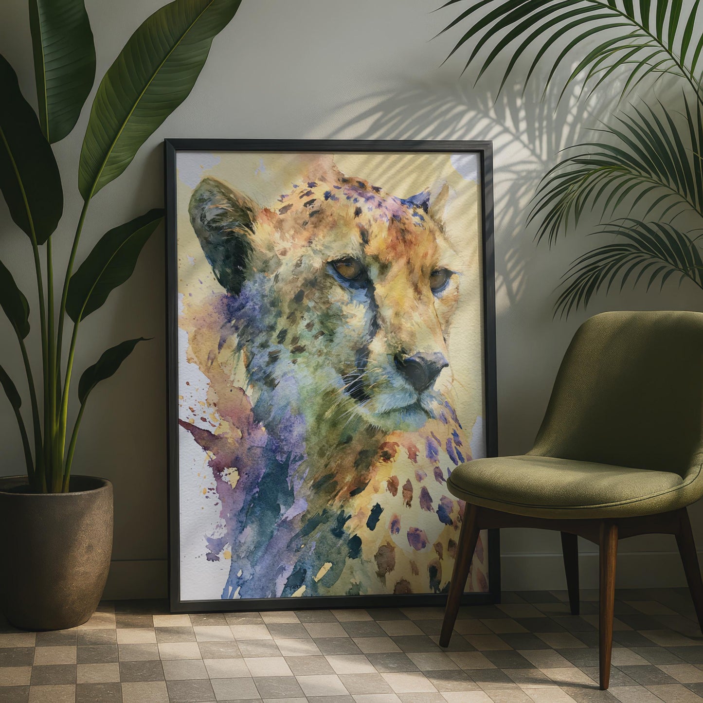 Cheetah Watercolour Art Print, Colourful Wild Cat Poster, African Animal Wall Art