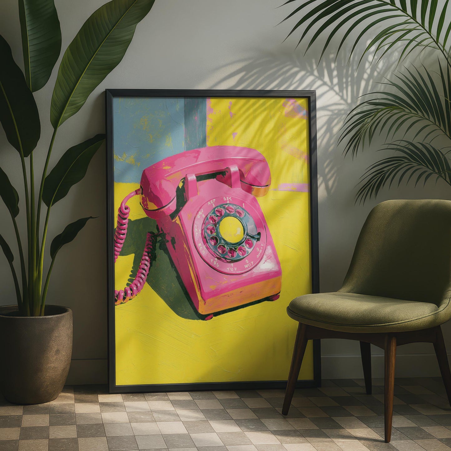 Pink Rotary Telephone Poster, Retro Pop Art Print, Bold Yellow Wall Art, 70s