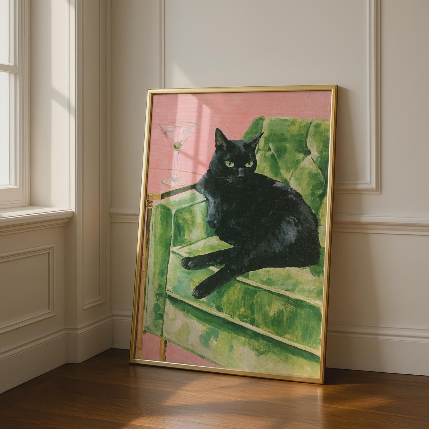 Black Cat Martini Poster, Green Velvet Sofa Wall Art, Retro Pink Cat Print for Living Room