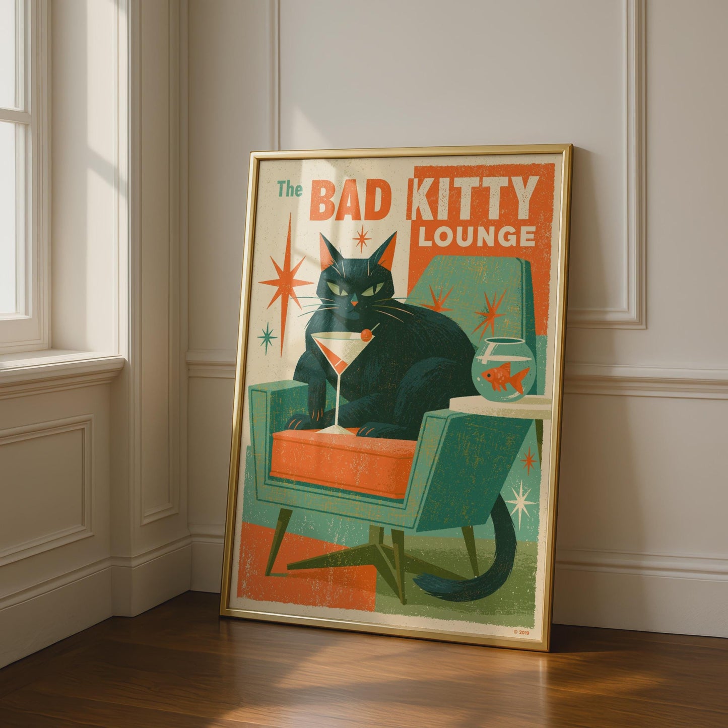 Bad Kitty Lounge Black Cat Poster, Mid Century Modern Retro Cat Wall Art Print