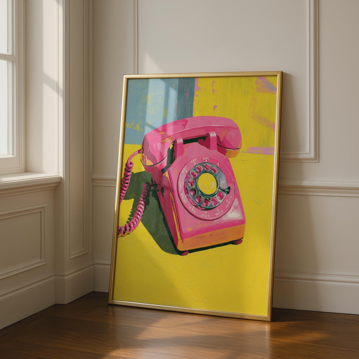 Pink Rotary Telephone Poster, Retro Pop Art Print, Bold Yellow Wall Art, 70s
