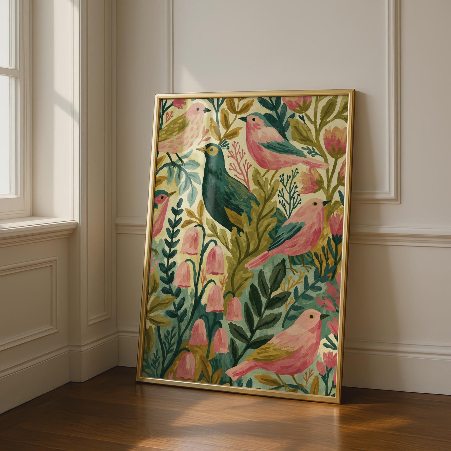 Folk Art Birds Botanical Poster, Pink and Teal Garden Wall Art, Floral Bird Print