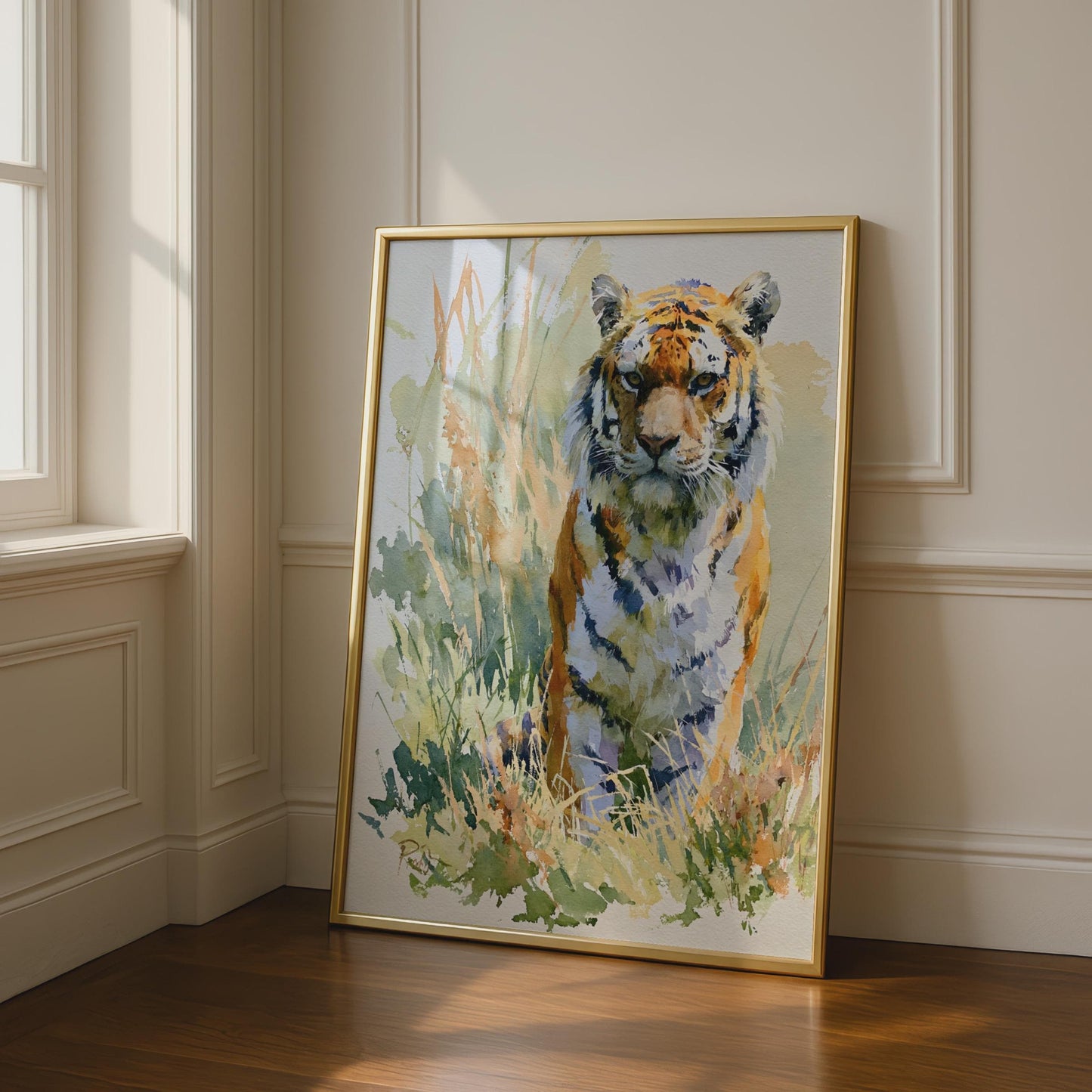 Tiger Watercolour Poster, Wildlife Wall Art Print, Big Cat Nature Decor, Orange