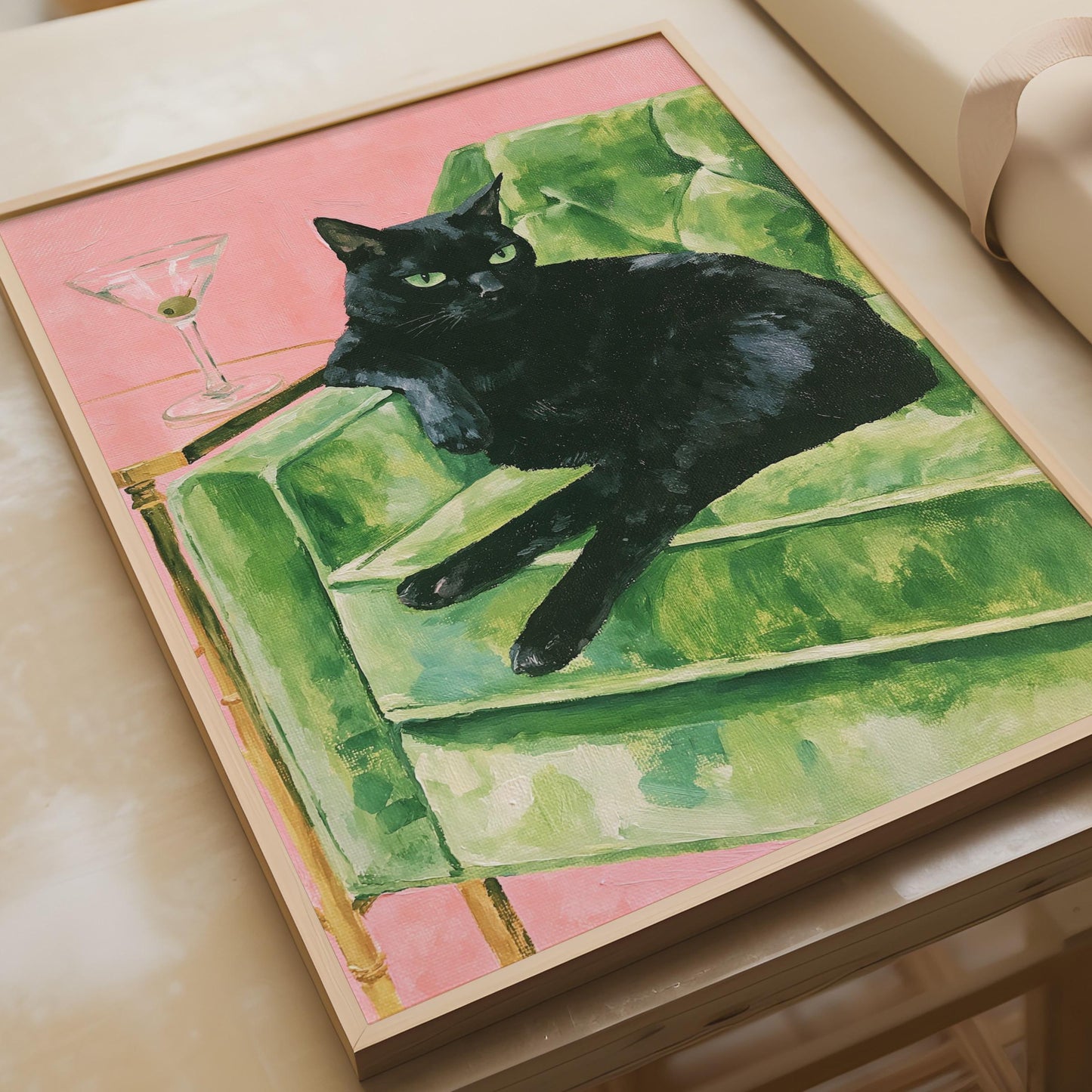 Black Cat Martini Poster, Green Velvet Sofa Wall Art, Retro Pink Cat Print for Living Room