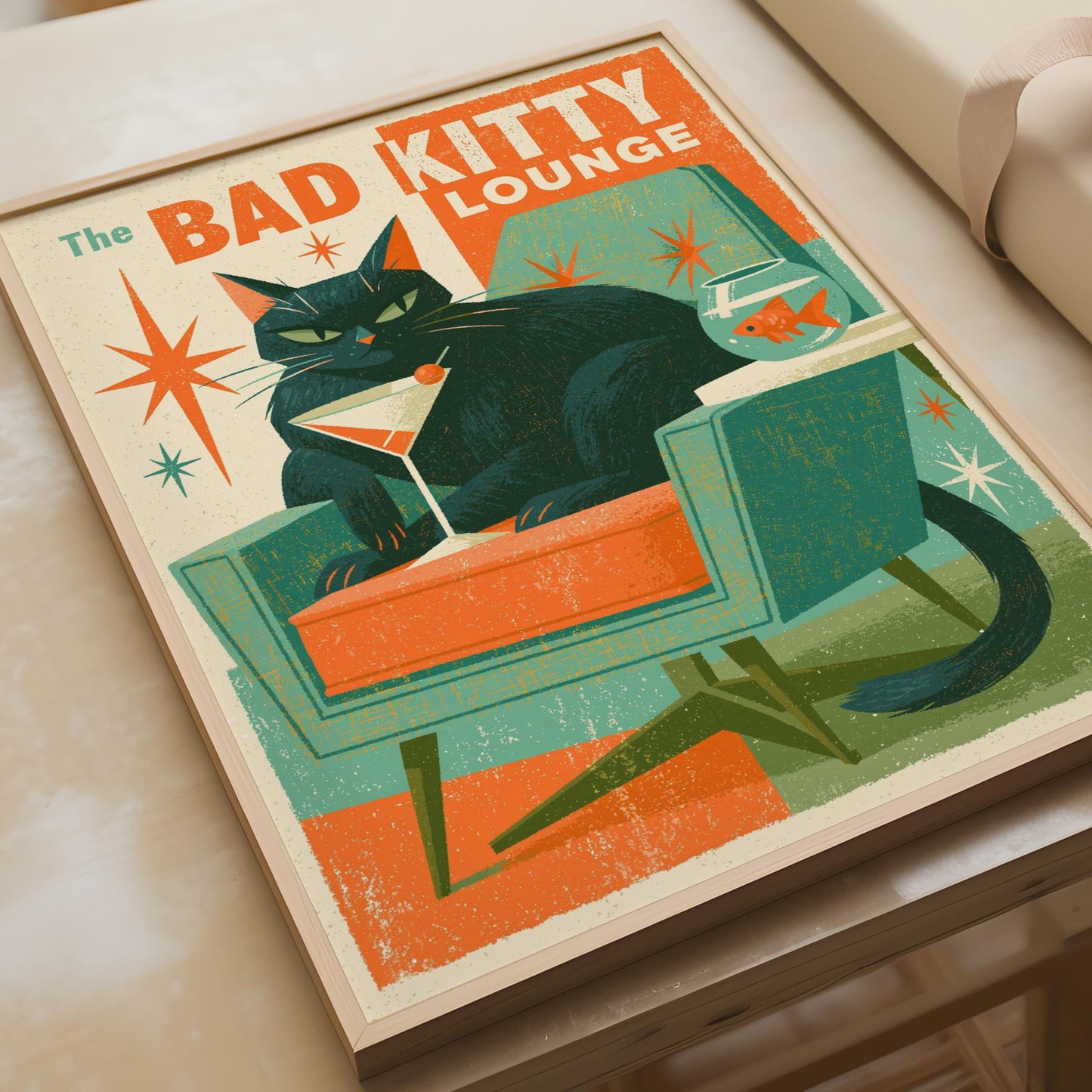 Bad Kitty Lounge Black Cat Poster, Mid Century Modern Retro Cat Wall Art Print