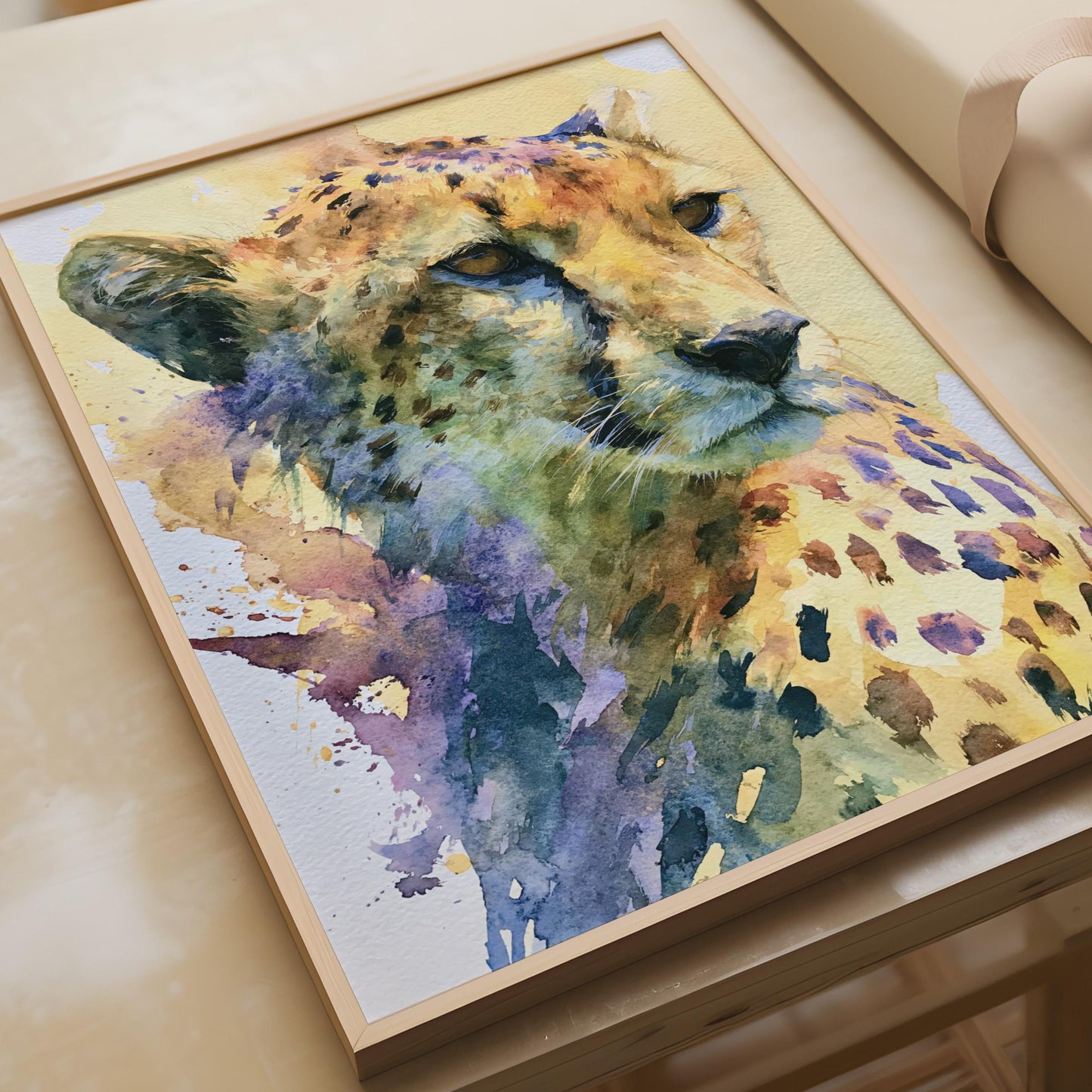 Cheetah Watercolour Art Print, Colourful Wild Cat Poster, African Animal Wall Art