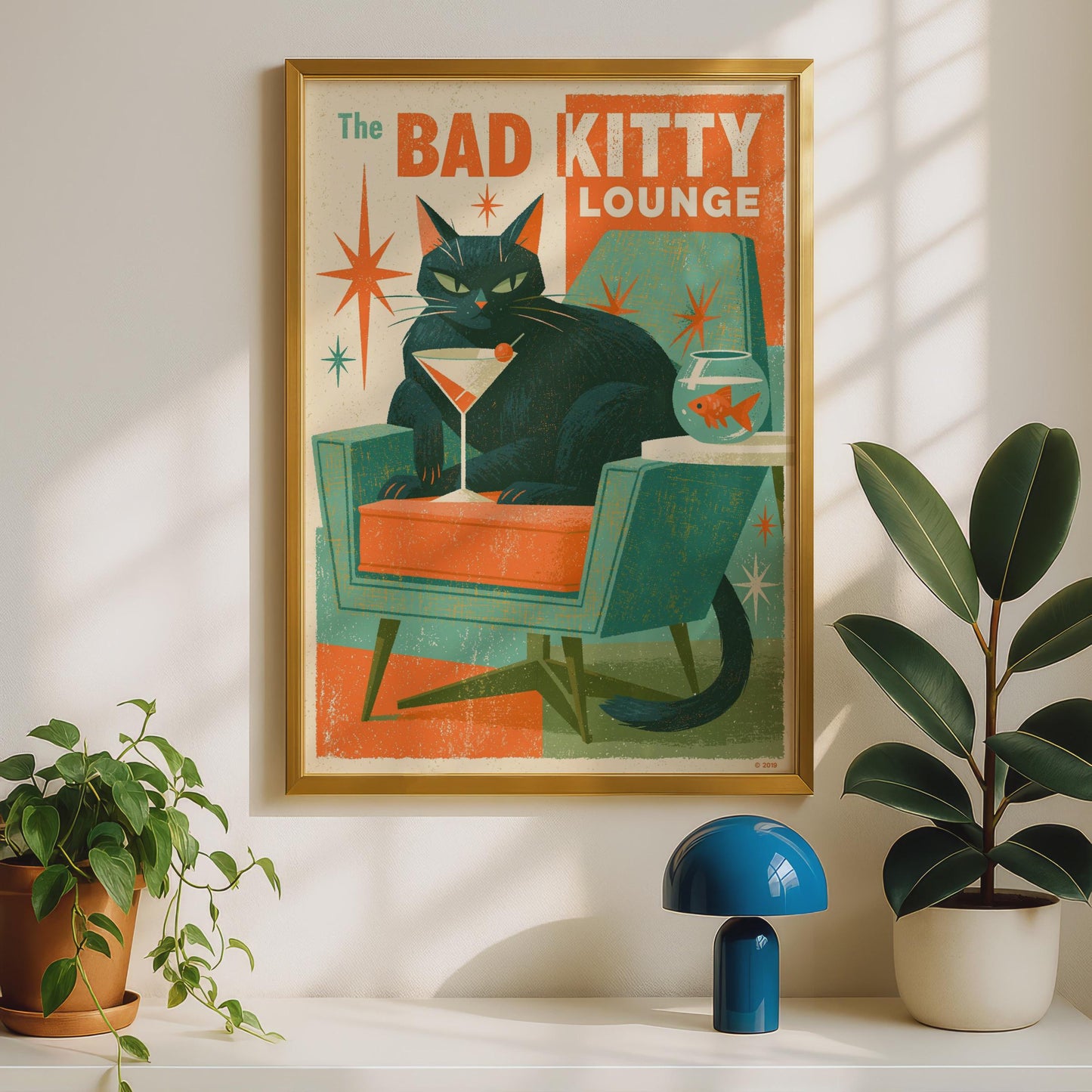 Bad Kitty Lounge Black Cat Poster, Mid Century Modern Retro Cat Wall Art Print