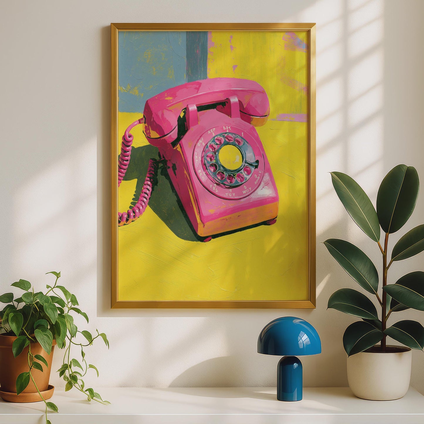 Pink Rotary Telephone Poster, Retro Pop Art Print, Bold Yellow Wall Art, 70s