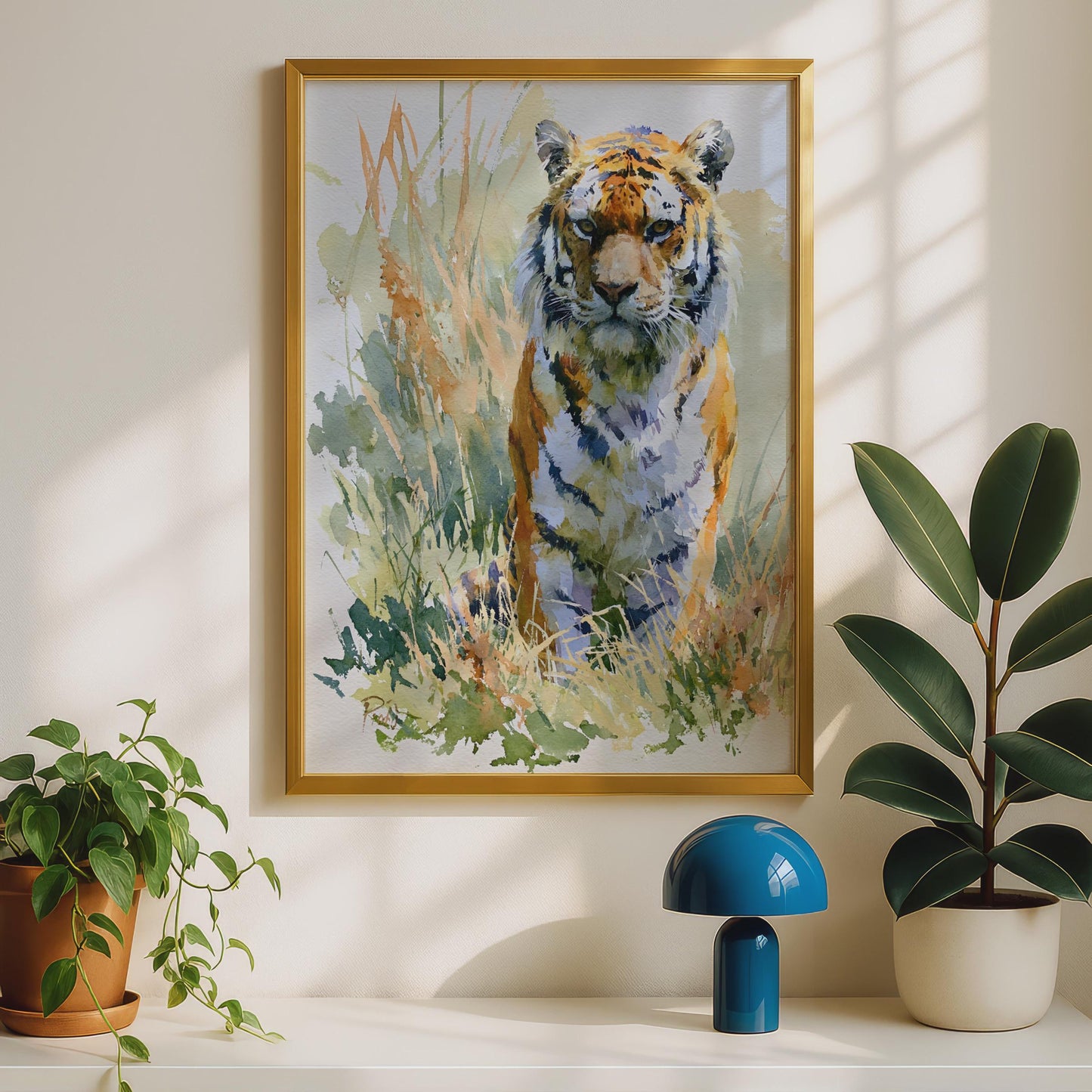 Tiger Watercolour Poster, Wildlife Wall Art Print, Big Cat Nature Decor, Orange