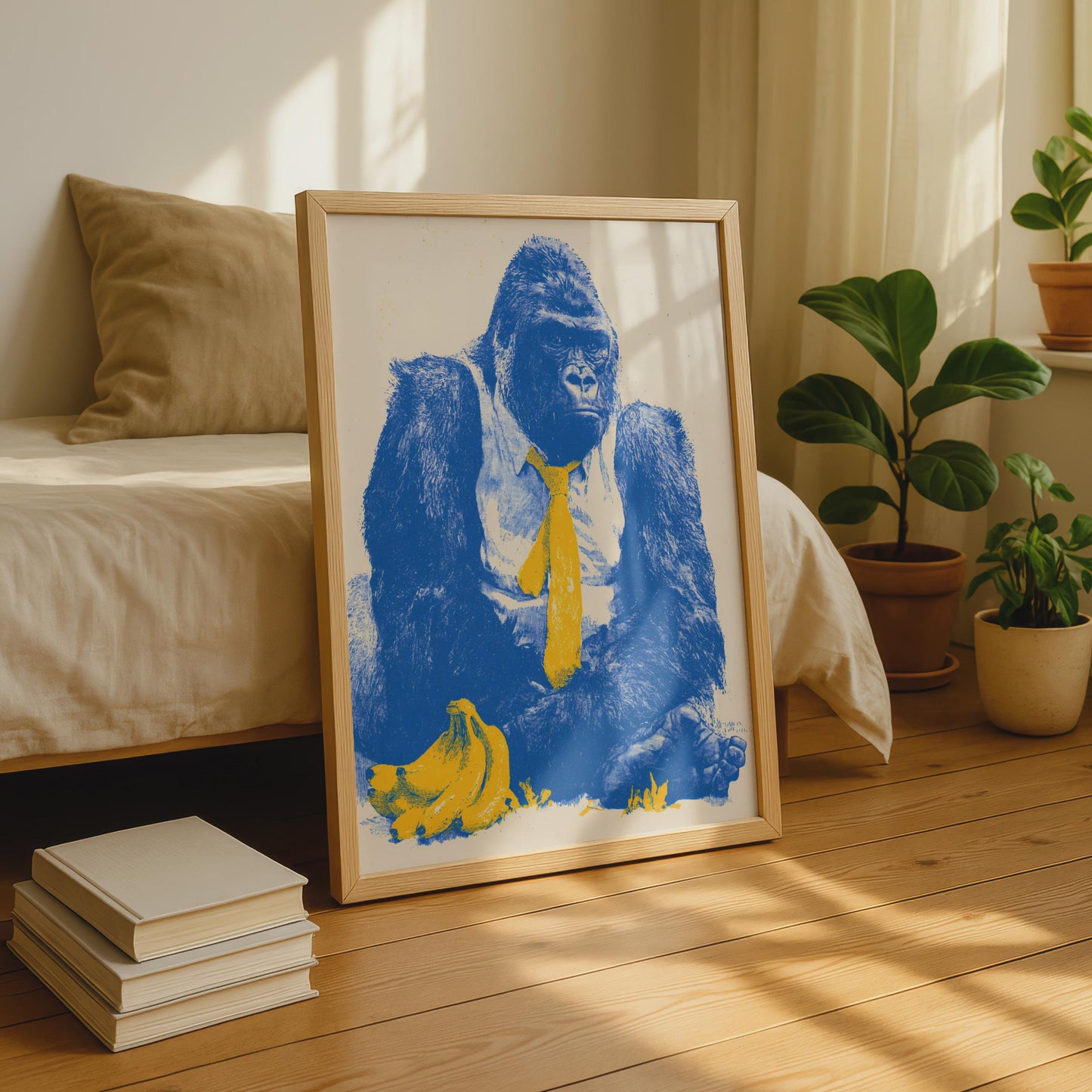 Funny Gorilla Art Print, Blue and Yellow Illustration, Office Decor, Animal Wall Art, Quirky Home