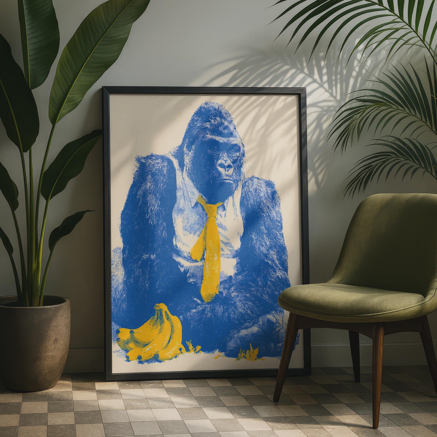 Funny Gorilla Art Print, Blue and Yellow Illustration, Office Decor, Animal Wall Art, Quirky Home