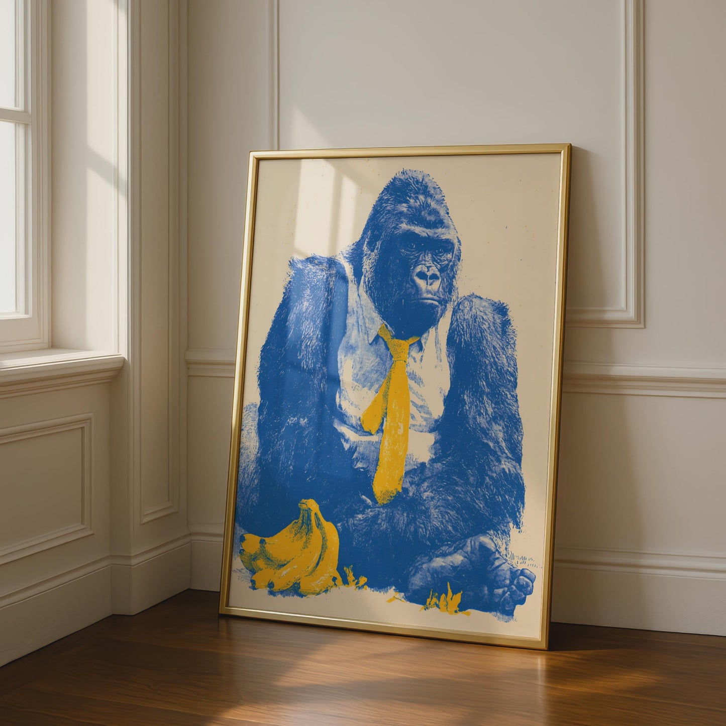 Funny Gorilla Art Print, Blue and Yellow Illustration, Office Decor, Animal Wall Art, Quirky Home