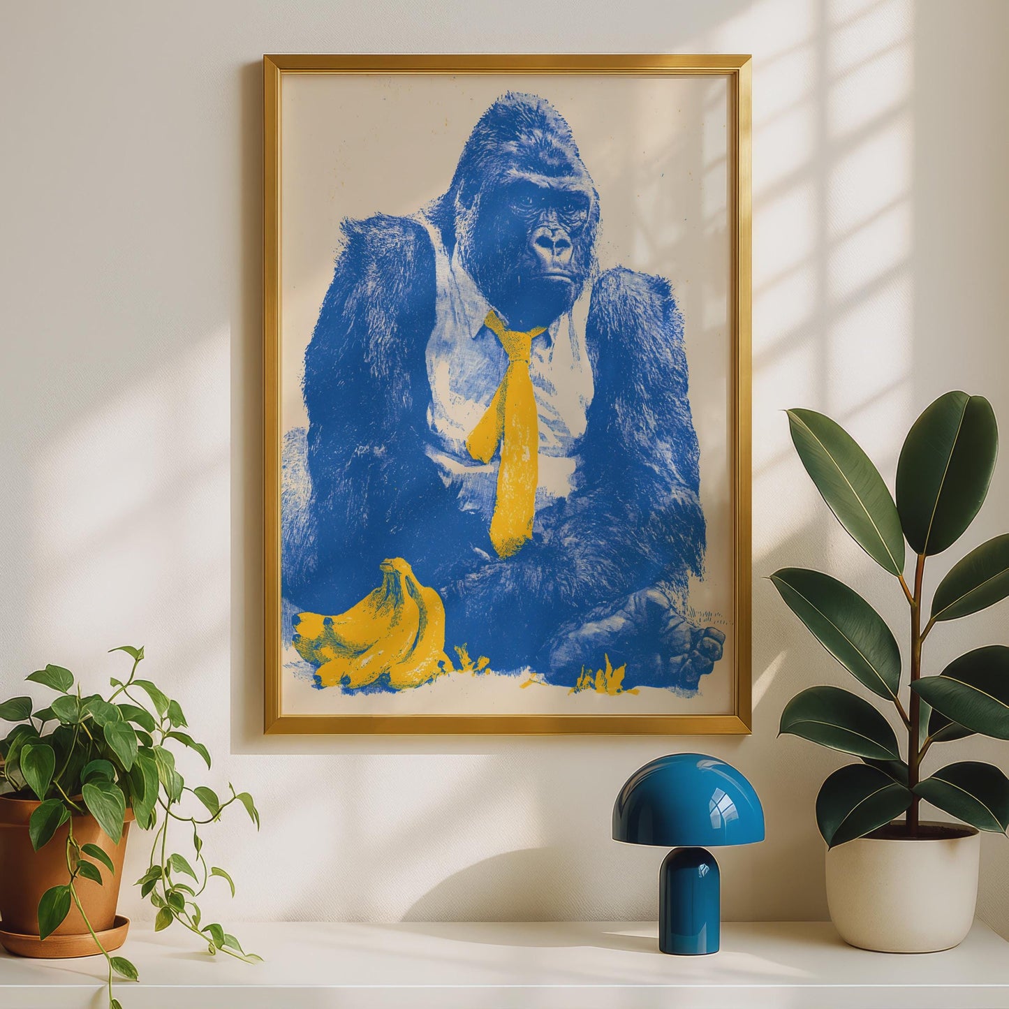 Funny Gorilla Art Print, Blue and Yellow Illustration, Office Decor, Animal Wall Art, Quirky Home