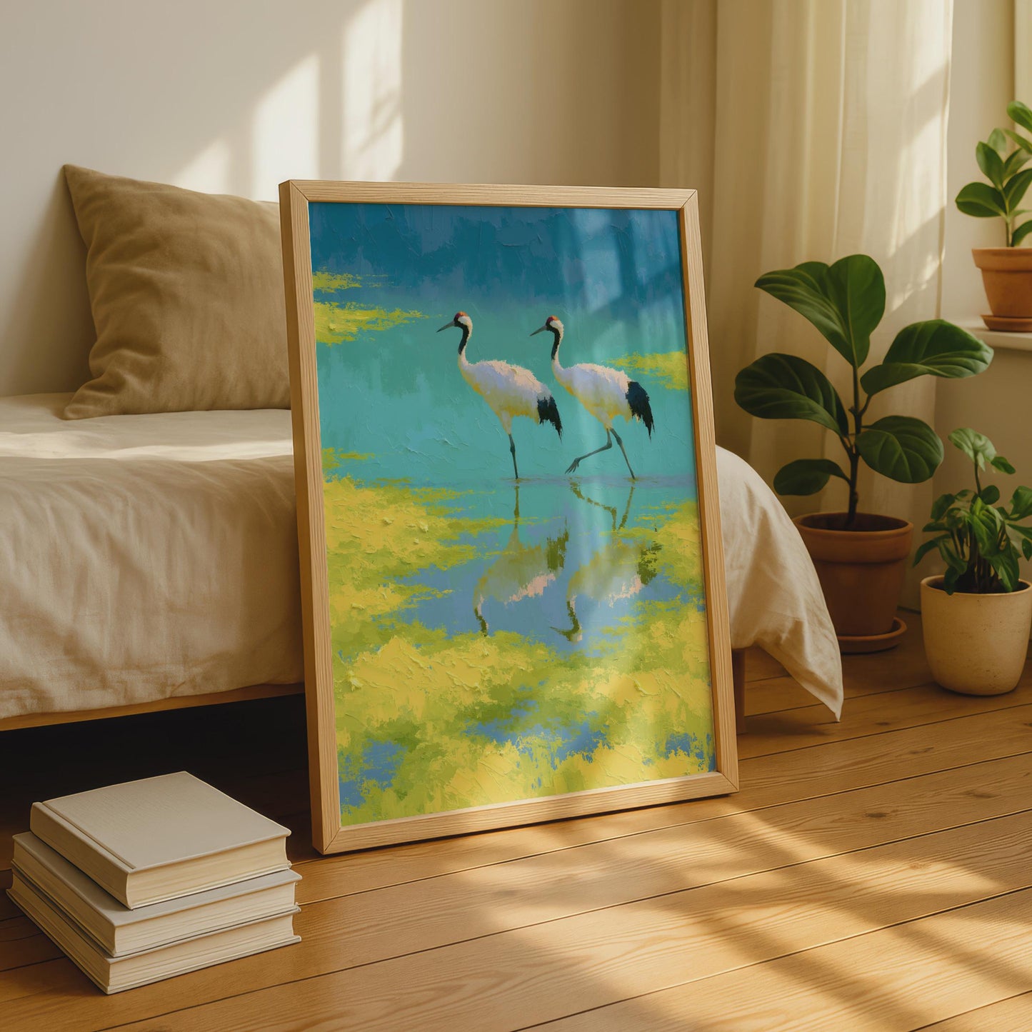 Red Crowned Crane Poster, Japanese Crane Bird Wall Art, Teal Yellow Oil Painting Print