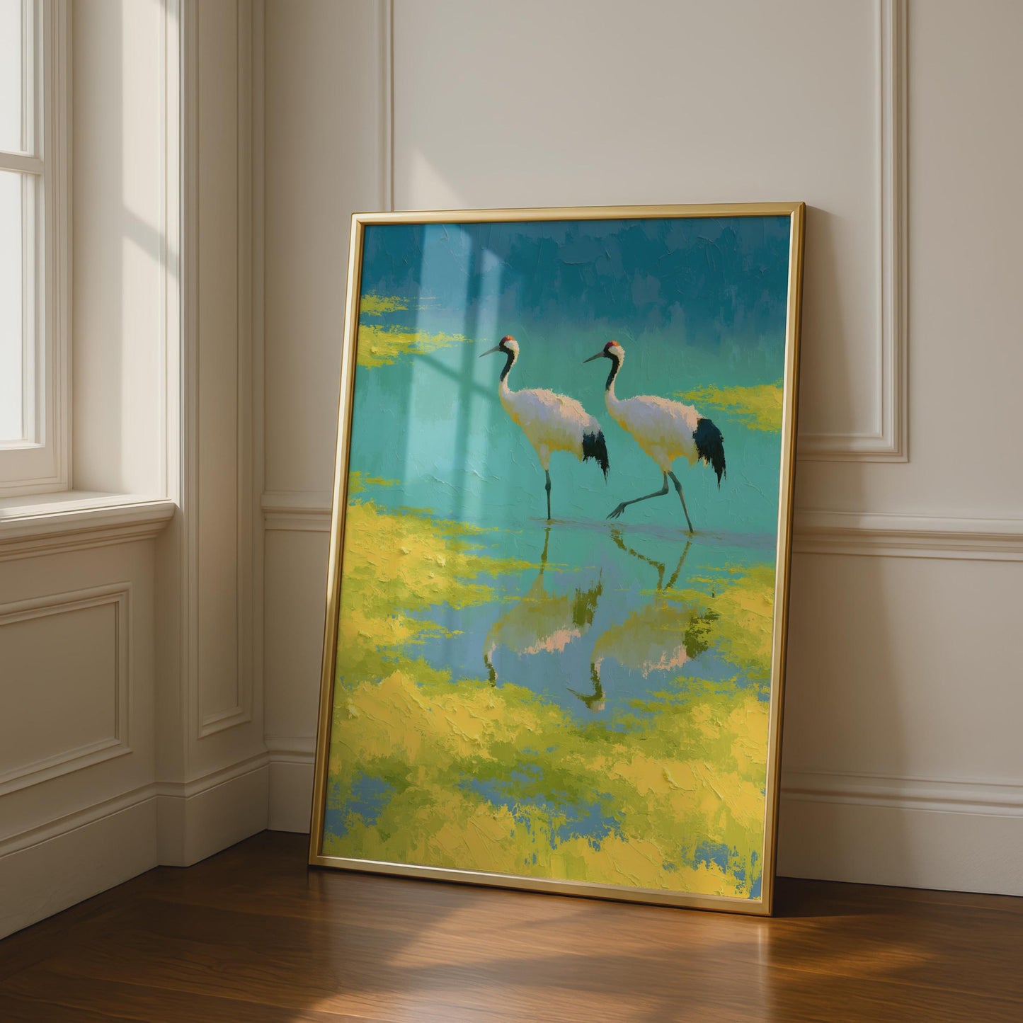 Red Crowned Crane Poster, Japanese Crane Bird Wall Art, Teal Yellow Oil Painting Print