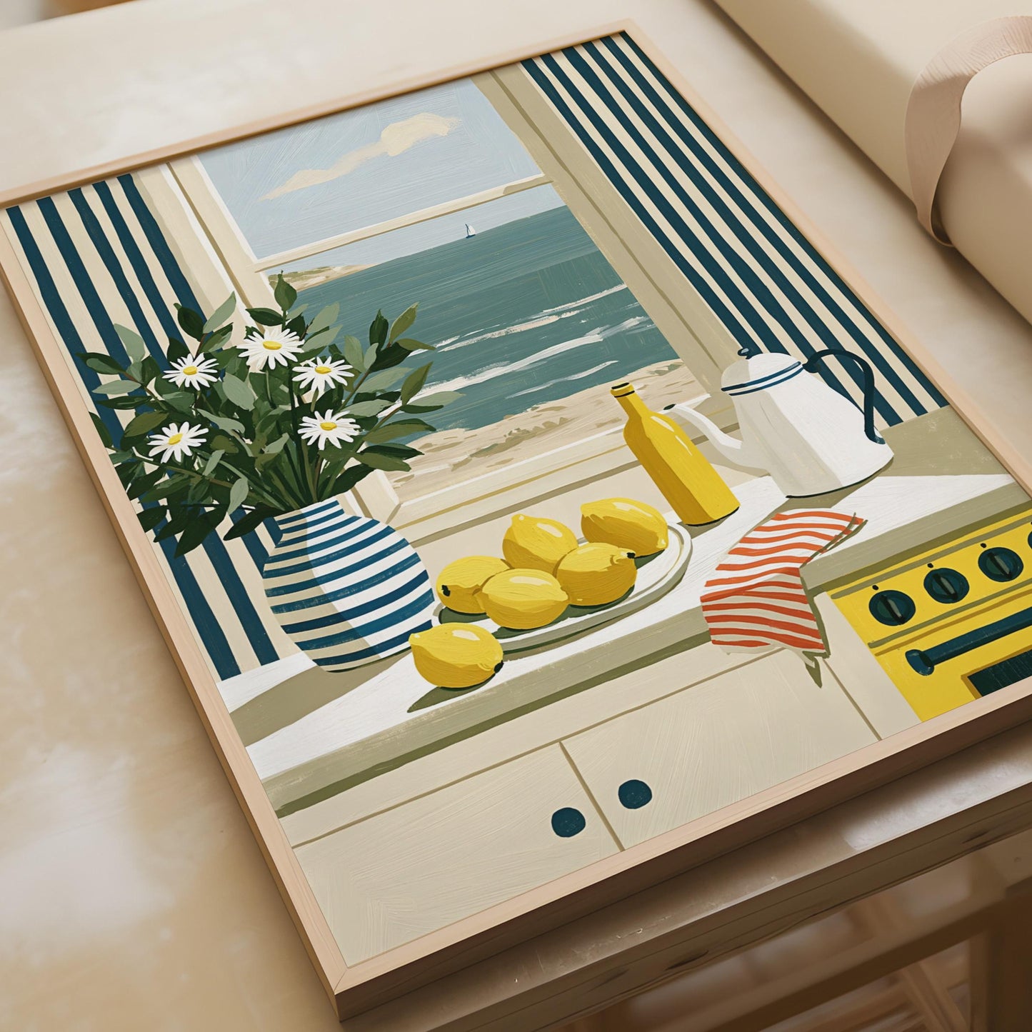 Coastal Kitchen Still Life Poster, Lemons Daisy Nautical Wall Art Print, Seaside