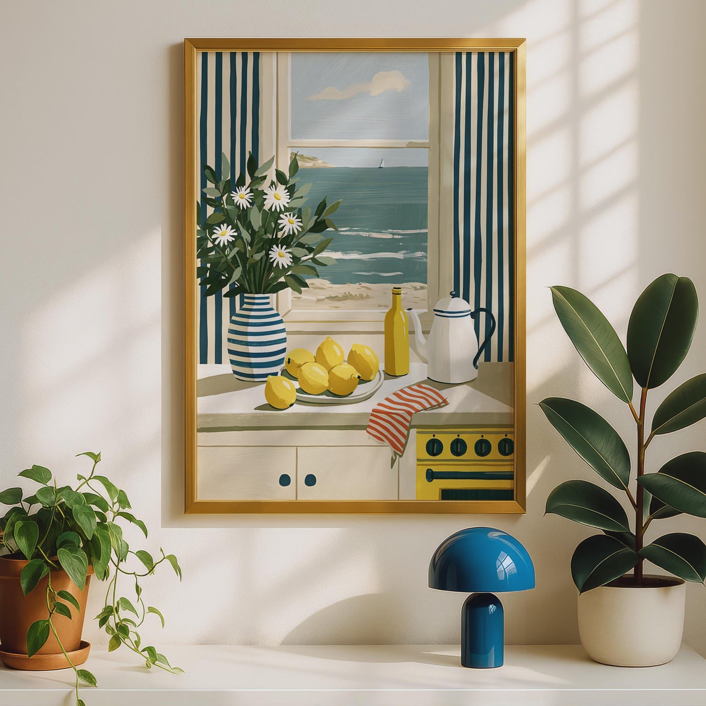 Coastal Kitchen Still Life Poster, Lemons Daisy Nautical Wall Art Print, Seaside