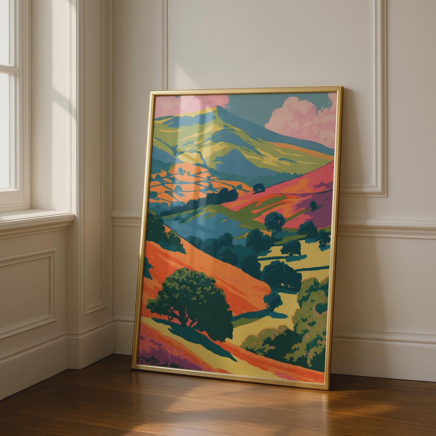 Peak District Wall Art, Colourful Landscape Poster, Vibrant Print of Rolling Hills, Nature Decor