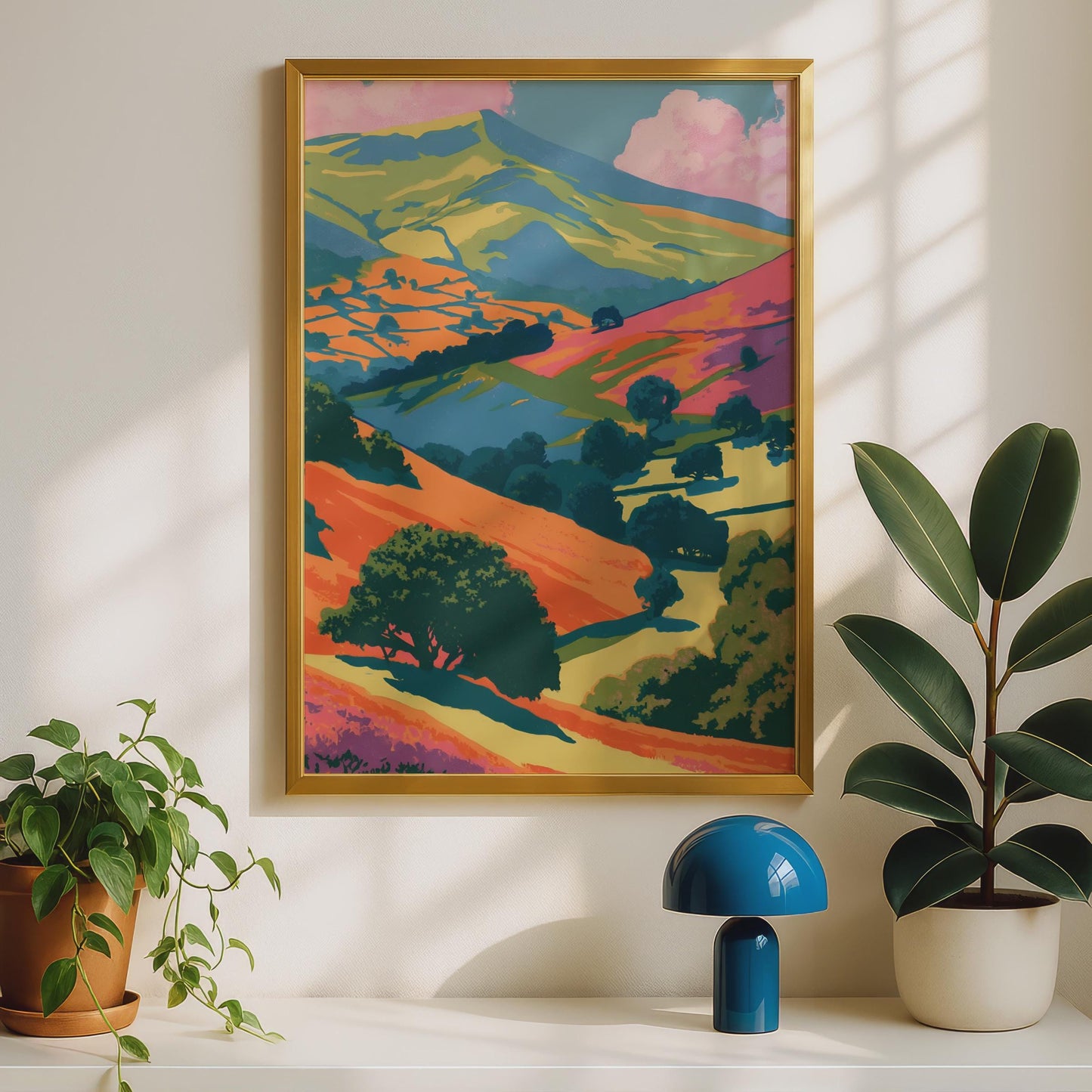 Peak District Wall Art, Colourful Landscape Poster, Vibrant Print of Rolling Hills, Nature Decor