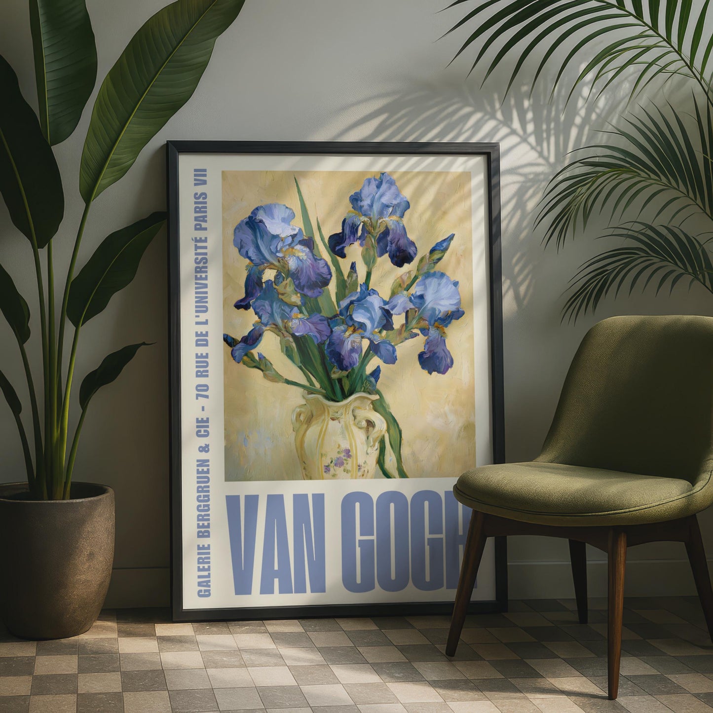 Van Gogh Iris Poster, Blue Flower Vase Wall Art, French Gallery Exhibition Print