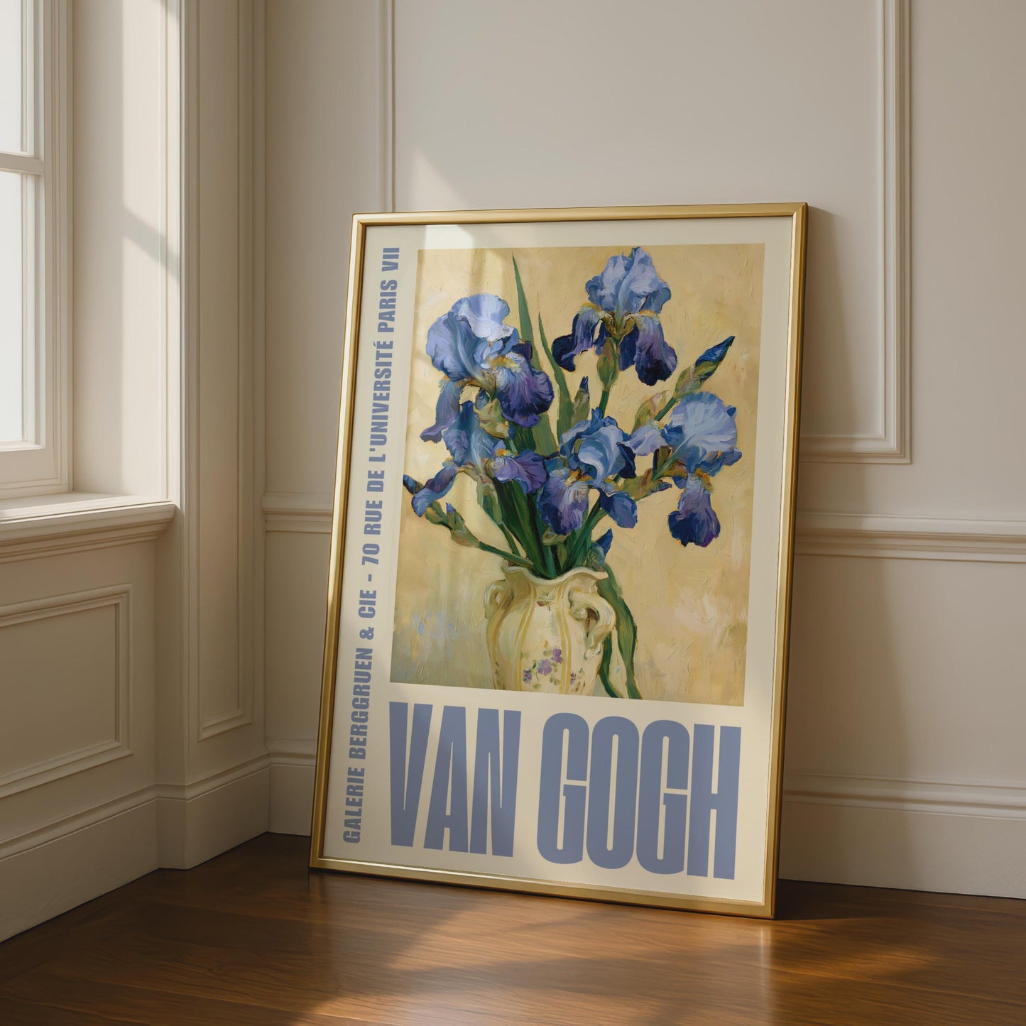 Van Gogh Iris Poster, Blue Flower Vase Wall Art, French Gallery Exhibition Print