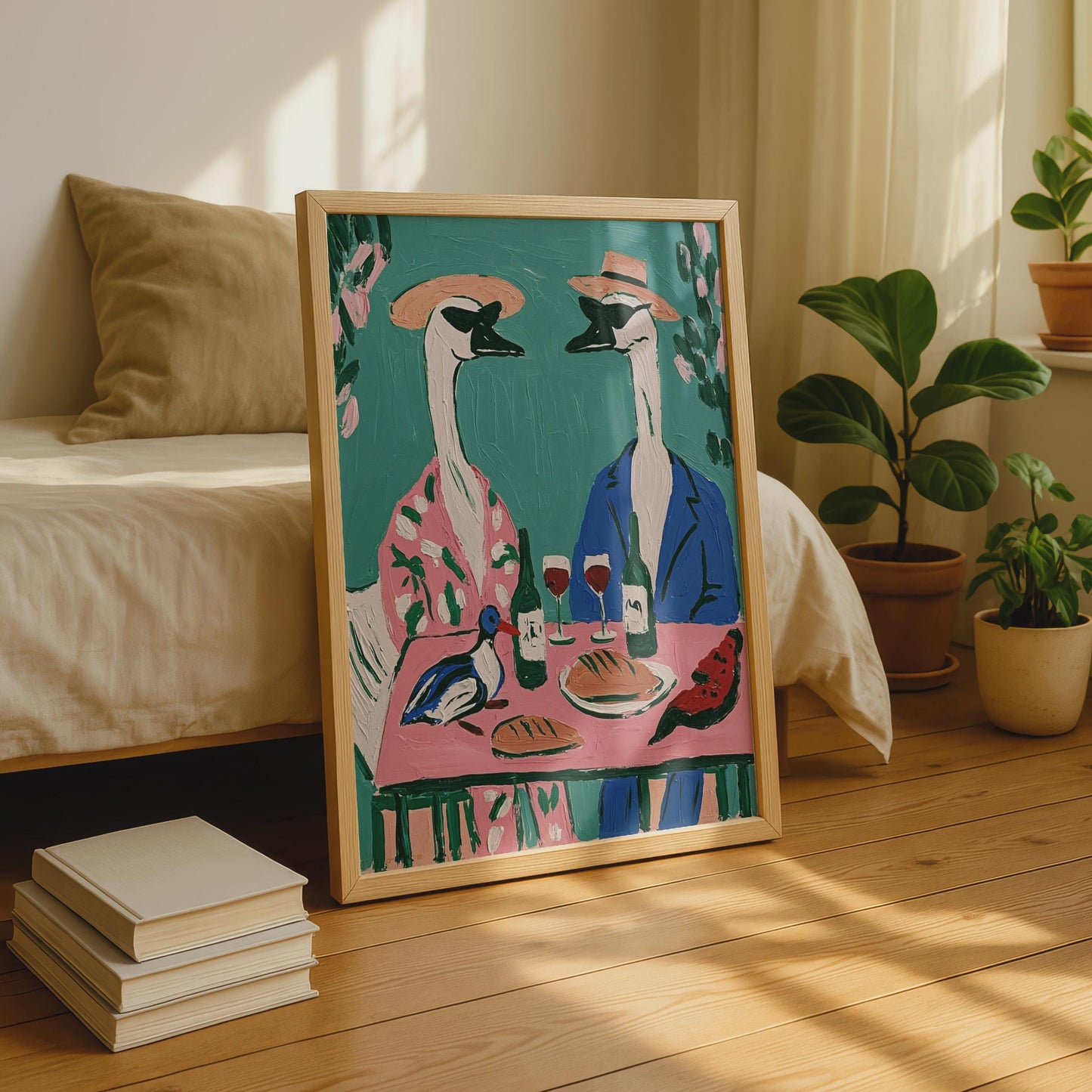Geese Dining Art Print, Funny Bird Poster, Whimsical Animal Wall Art, Teal Pink