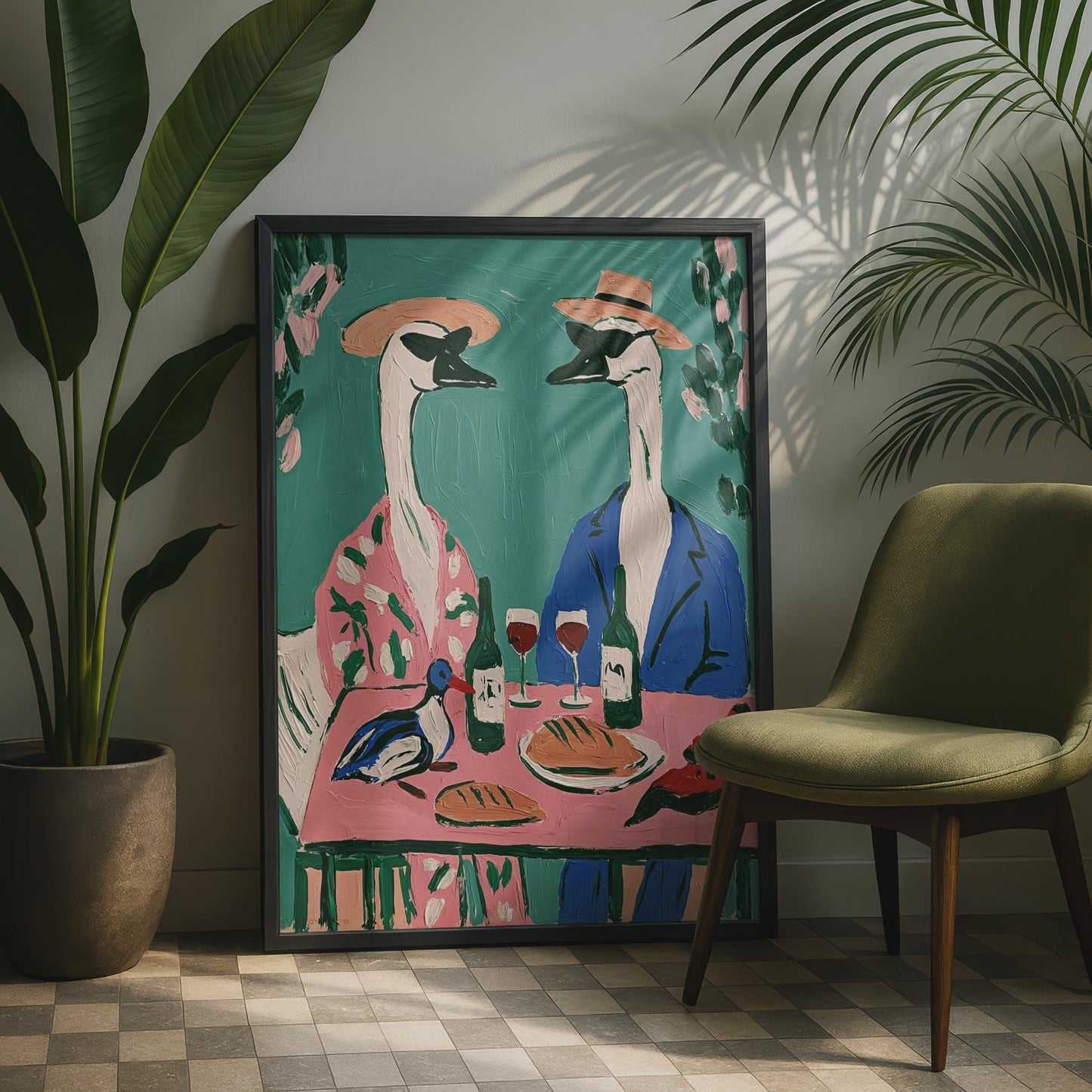 Geese Dining Art Print, Funny Bird Poster, Whimsical Animal Wall Art, Teal Pink