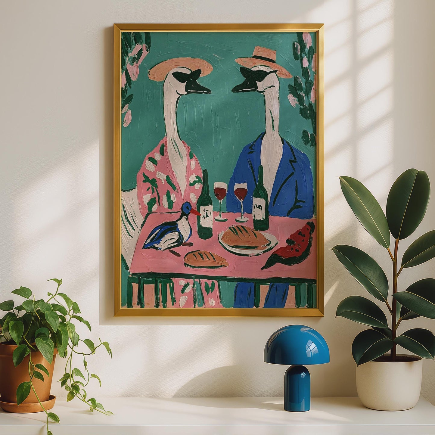 Geese Dining Art Print, Funny Bird Poster, Whimsical Animal Wall Art, Teal Pink