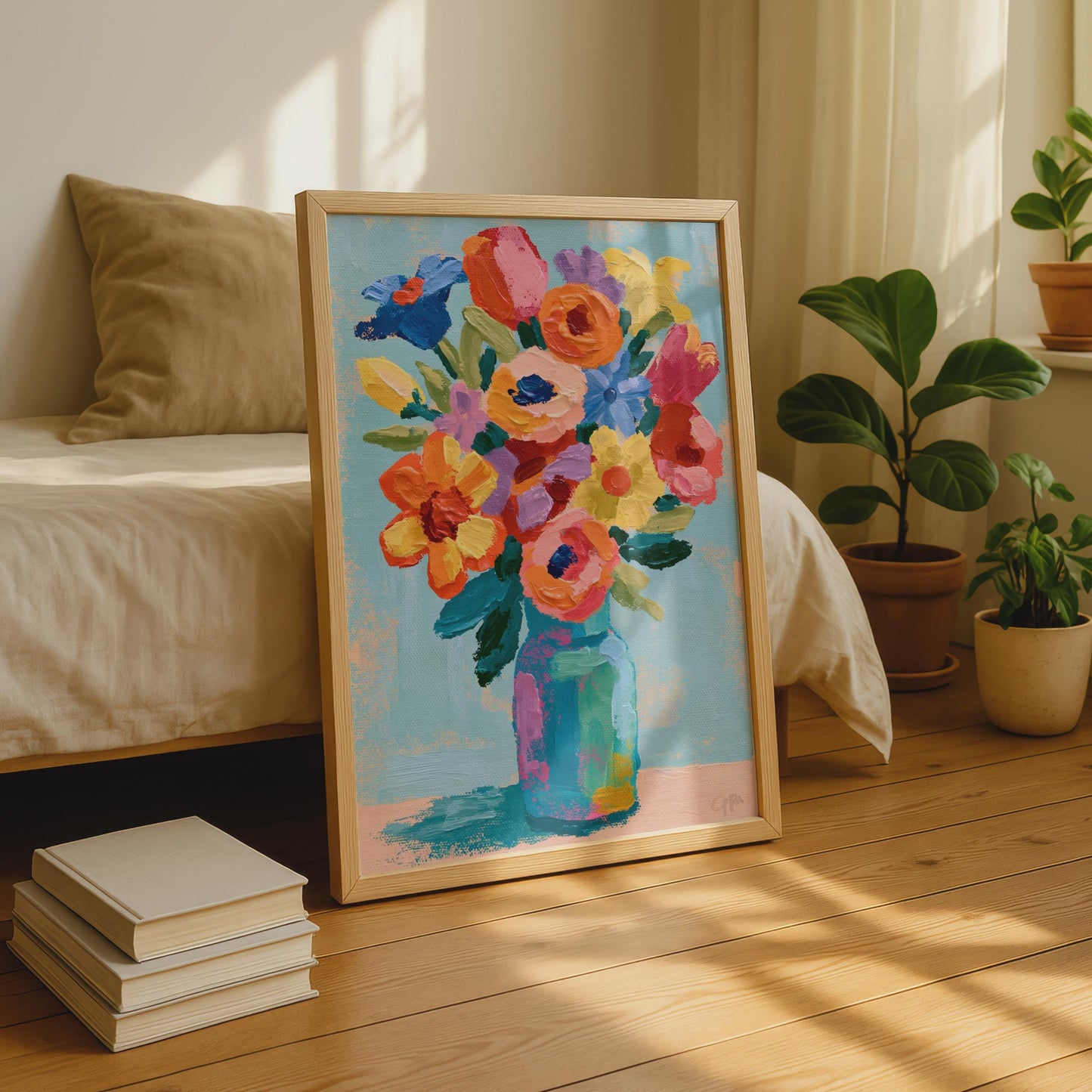 Colourful Floral Bouquet Poster, Bold Flower Vase Wall Art, Bright Maximalist Print