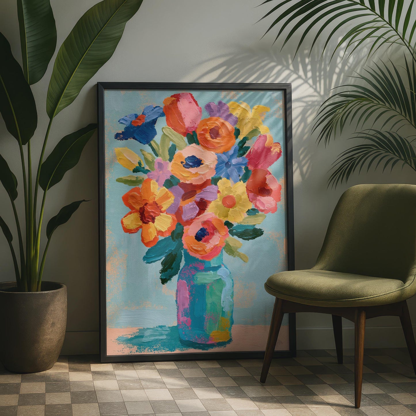 Colourful Floral Bouquet Poster, Bold Flower Vase Wall Art, Bright Maximalist Print