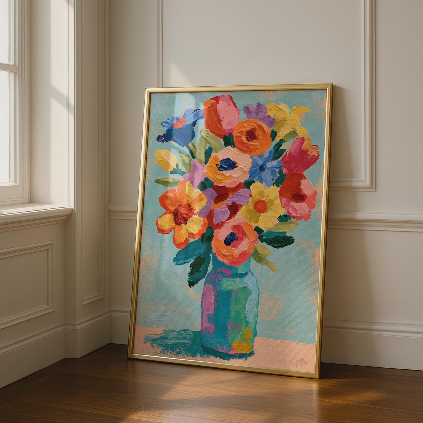 Colourful Floral Bouquet Poster, Bold Flower Vase Wall Art, Bright Maximalist Print