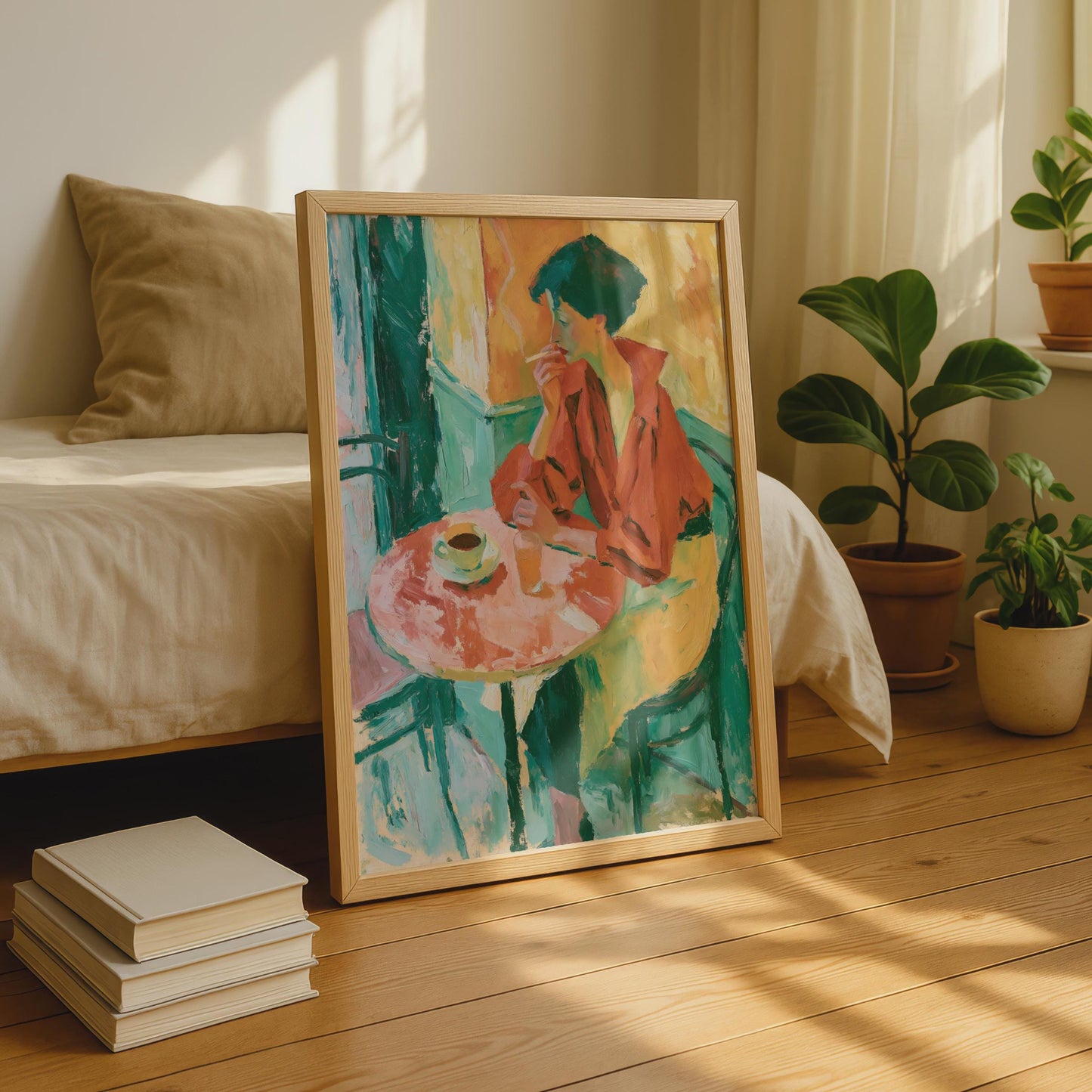 Woman at Cafe Table Art Print, Expressionist Painting Poster, Teal Orange Wall Art