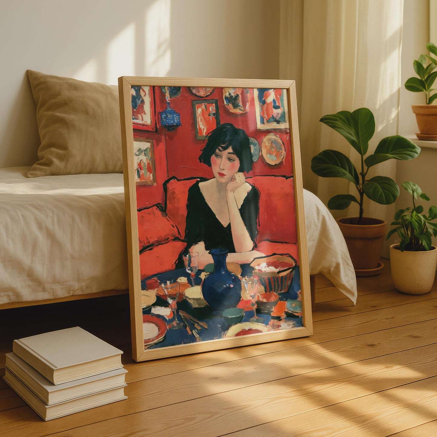 Pensive Woman Red Interior Portrait Poster, Figurative Wall Art, Bold Colour Print