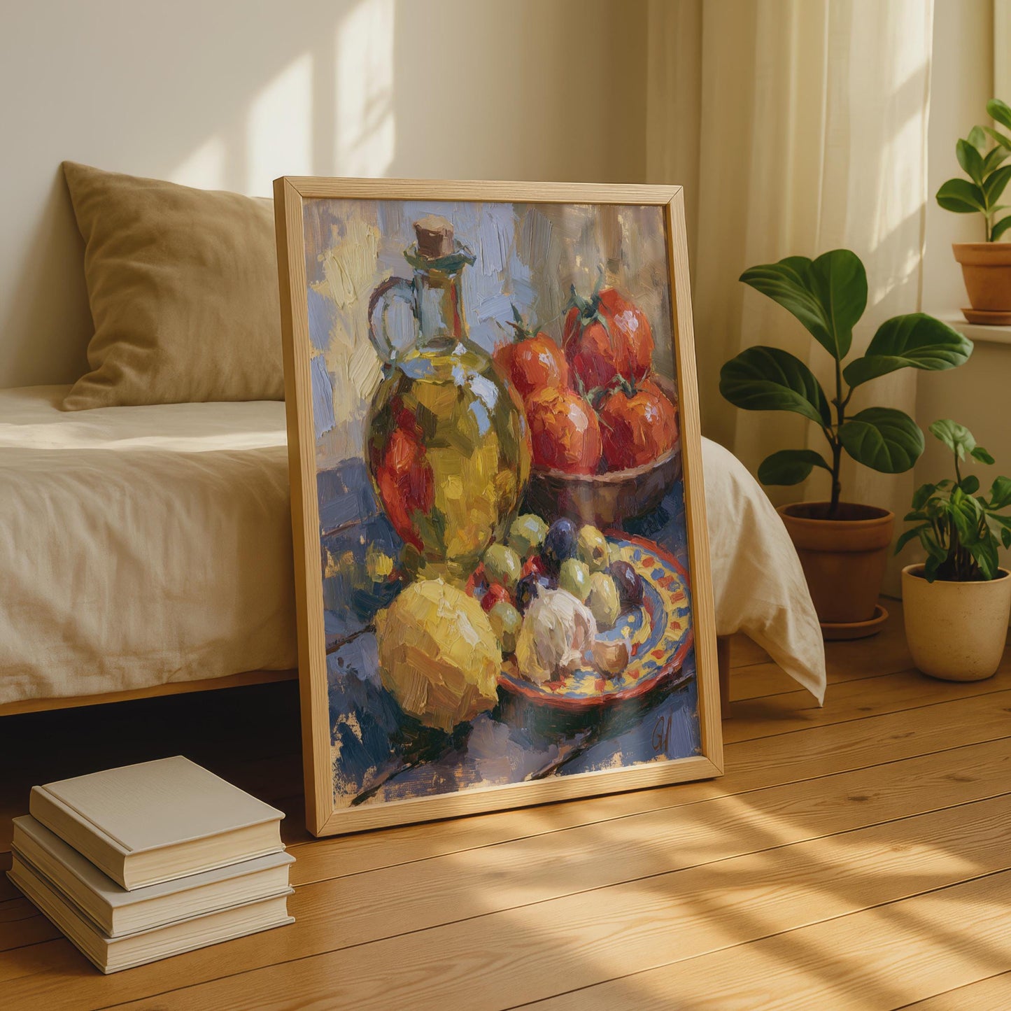 Mediterranean Kitchen Still Life Poster, Olive Oil Tomatoes Art Print, Italian Food Wall Art