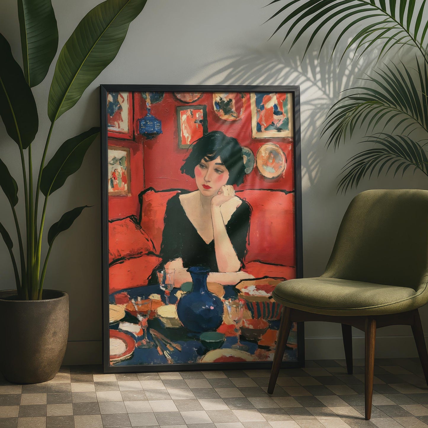 Pensive Woman Red Interior Portrait Poster, Figurative Wall Art, Bold Colour Print