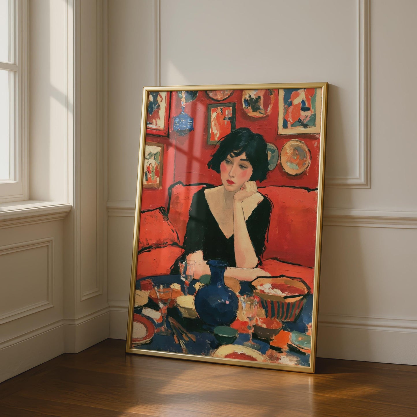 Pensive Woman Red Interior Portrait Poster, Figurative Wall Art, Bold Colour Print