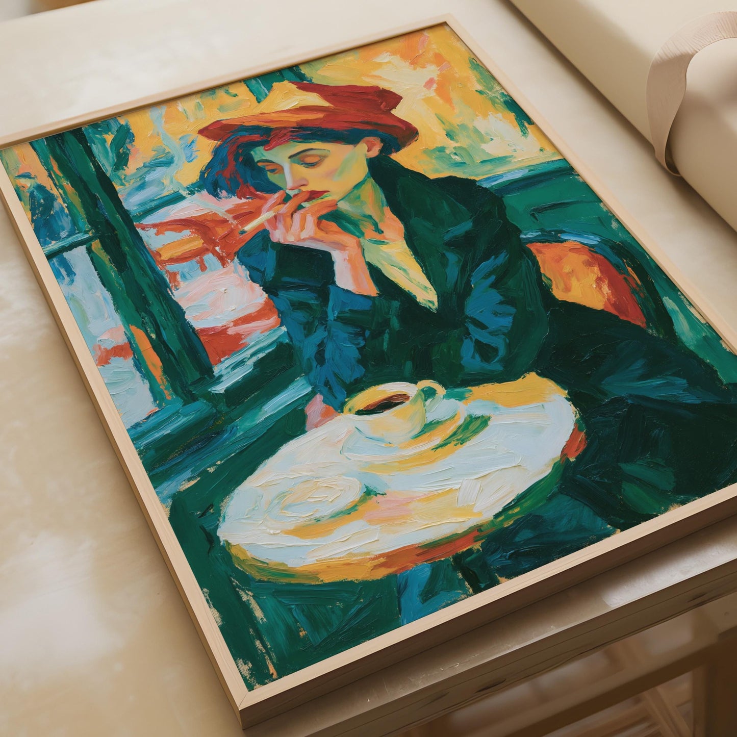 Parisian Cafe Woman Poster, Impressionist Wall Art Print, Coffee Cigarette Lady