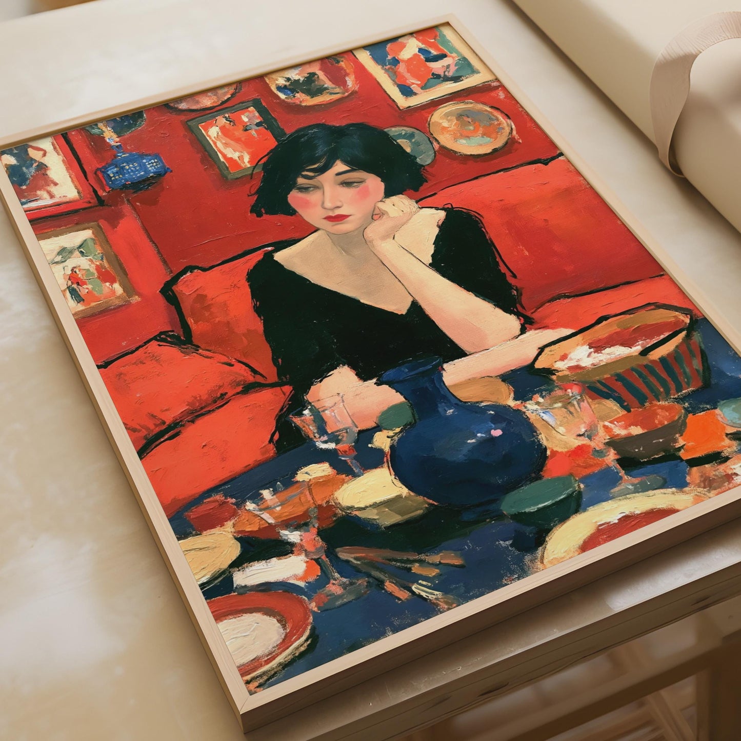 Pensive Woman Red Interior Portrait Poster, Figurative Wall Art, Bold Colour Print