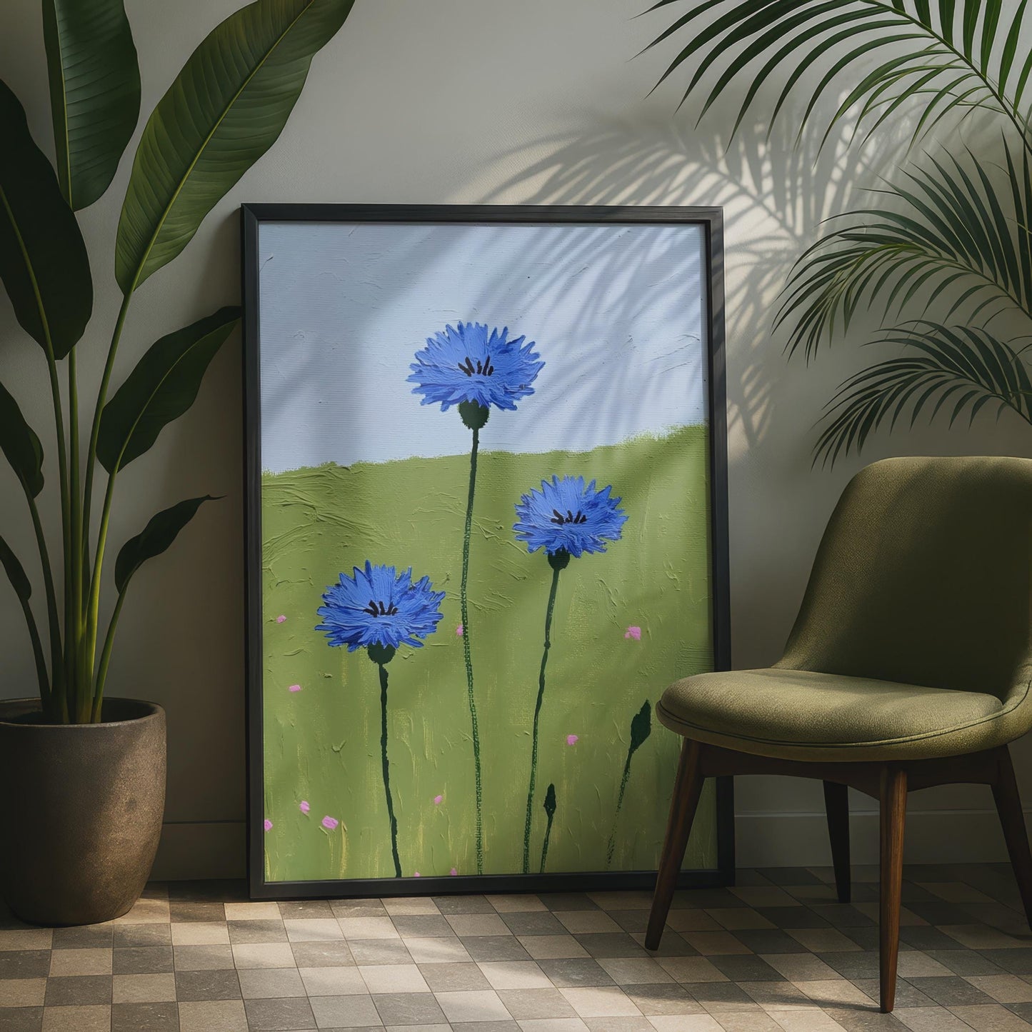 Cornflower Blue Wildflower Poster, Meadow Floral Wall Art Print, Green Field Sky