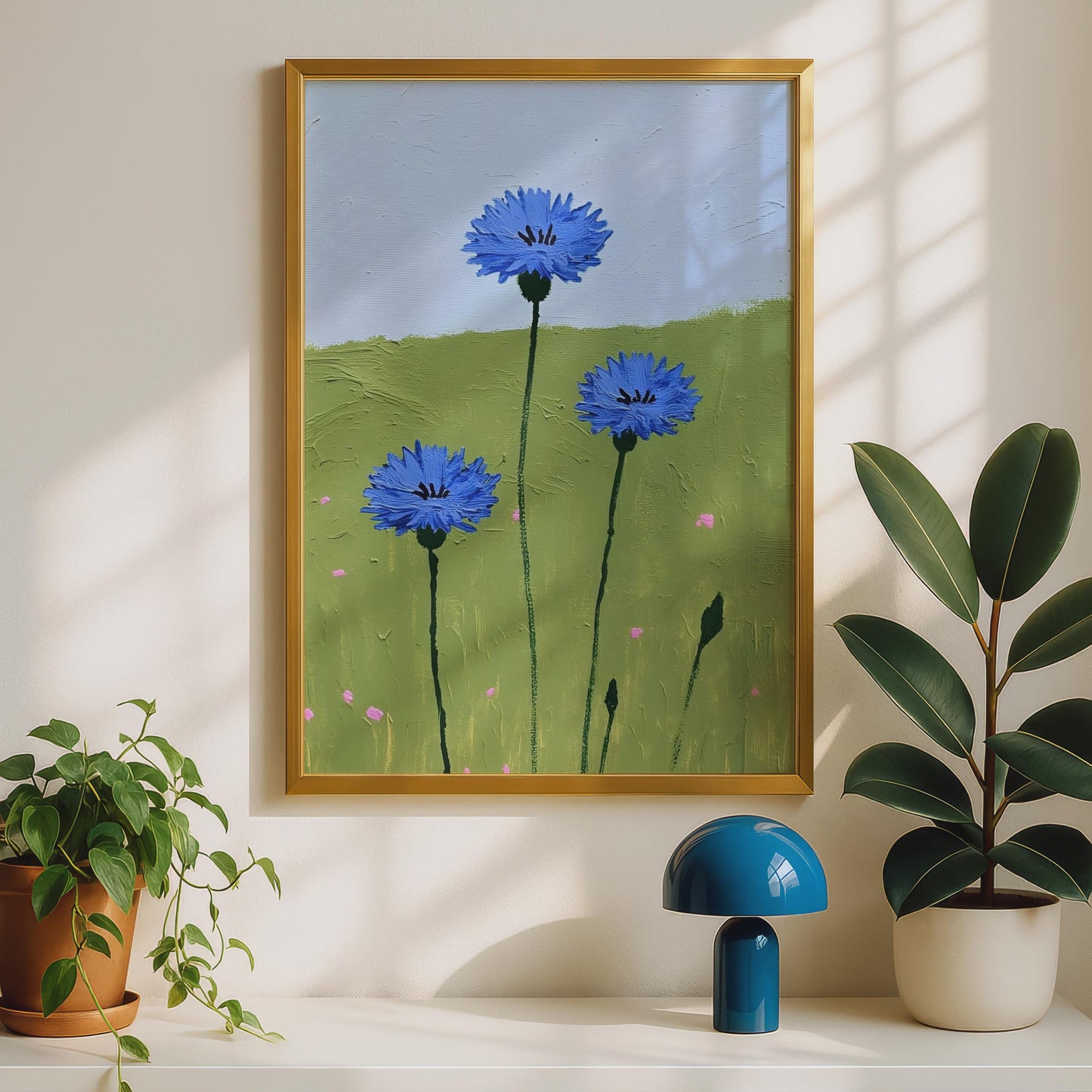Cornflower Blue Wildflower Poster, Meadow Floral Wall Art Print, Green Field Sky
