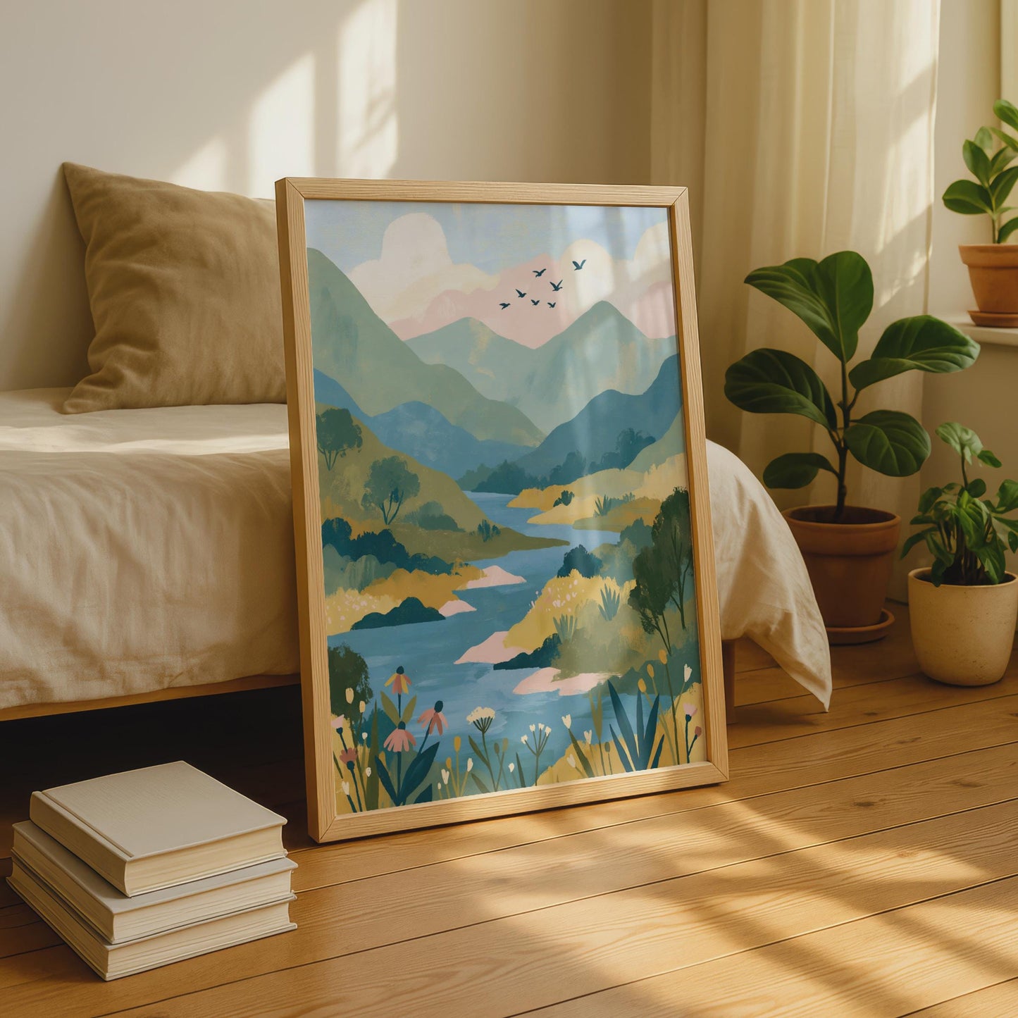 Mountain River Valley Art Print, Folk Illustrated Landscape Poster, Wildflower Nature Wall Art