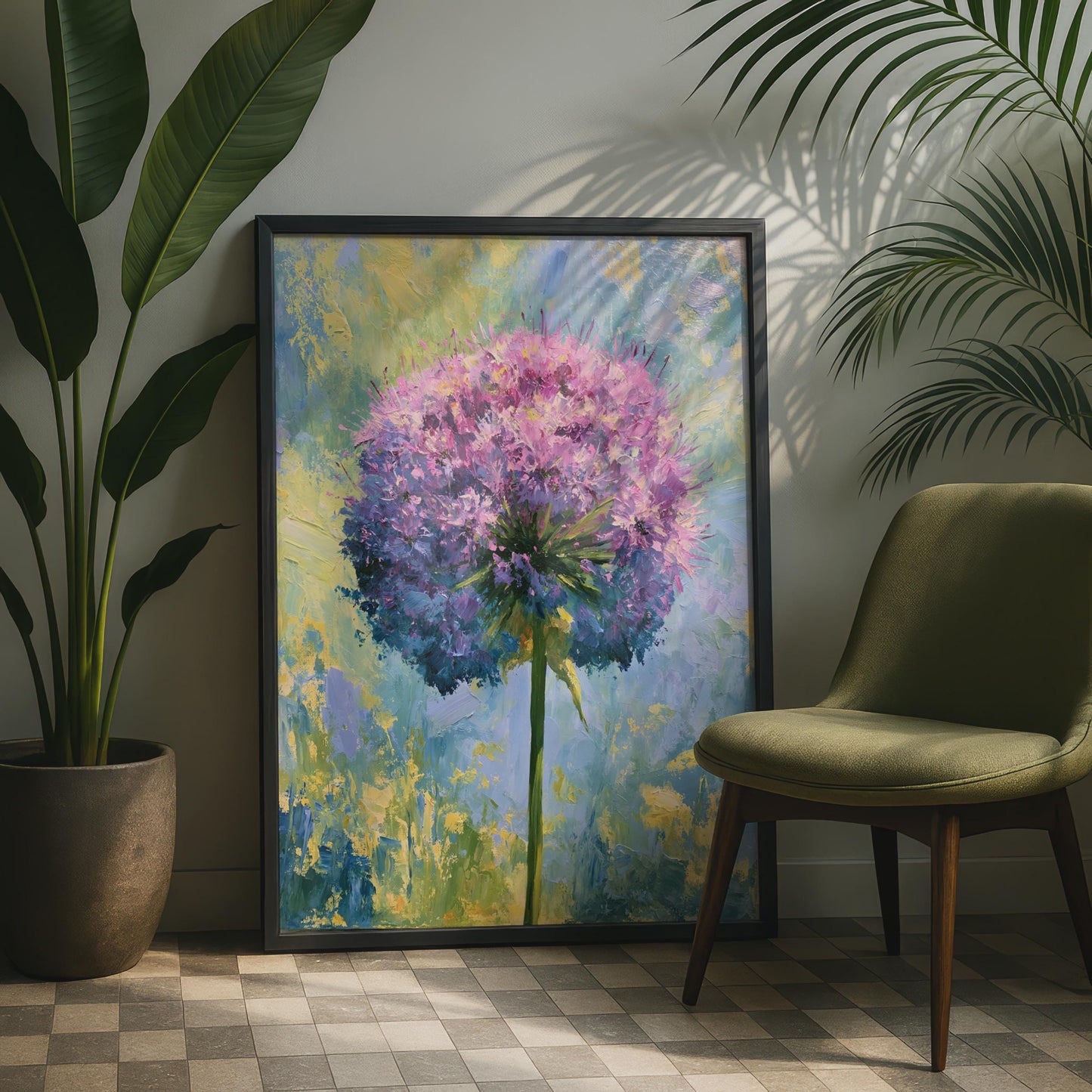 Allium Flower Poster, Purple Pink Botanical Wall Art, Impressionist Floral Print for Living Room