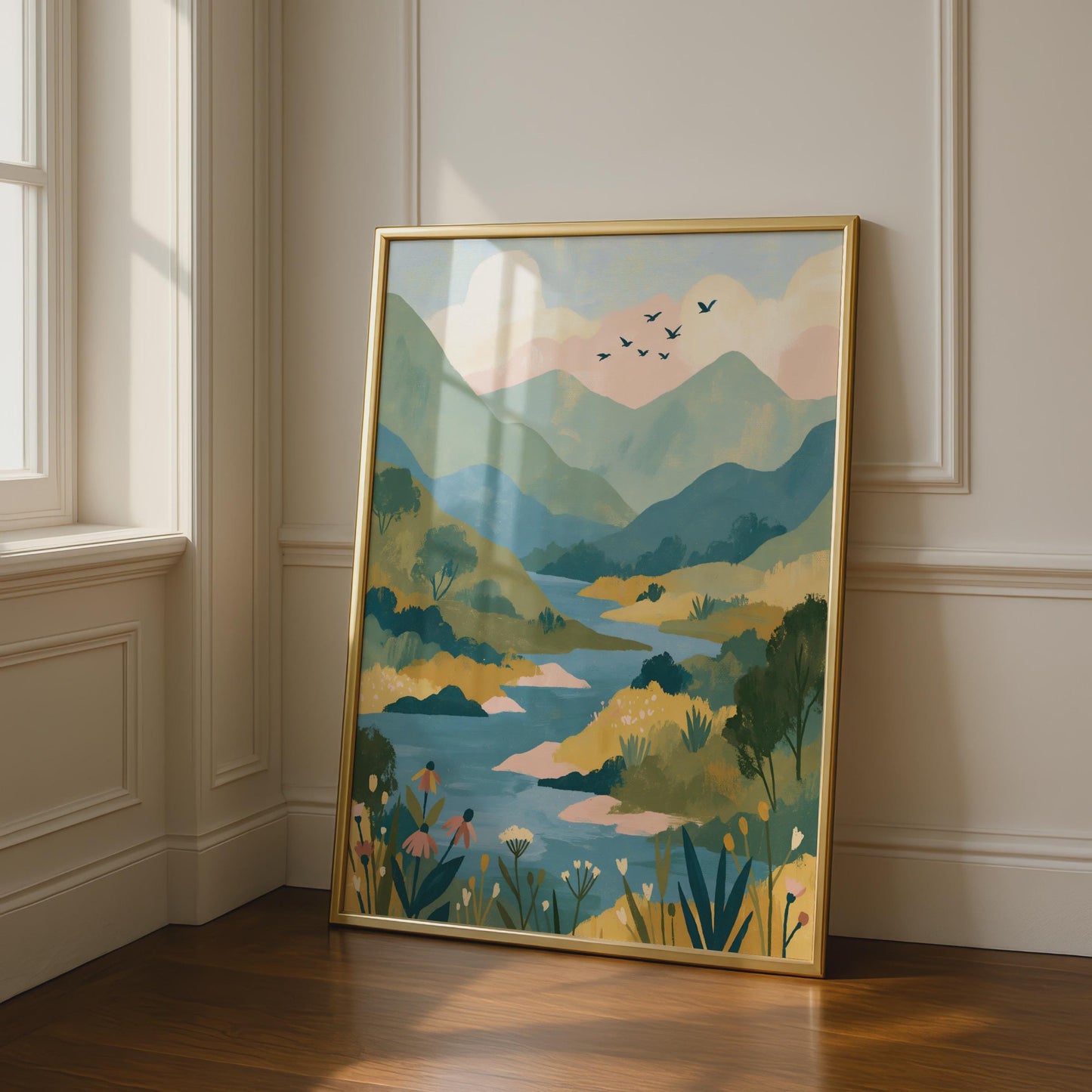 Mountain River Valley Art Print, Folk Illustrated Landscape Poster, Wildflower Nature Wall Art