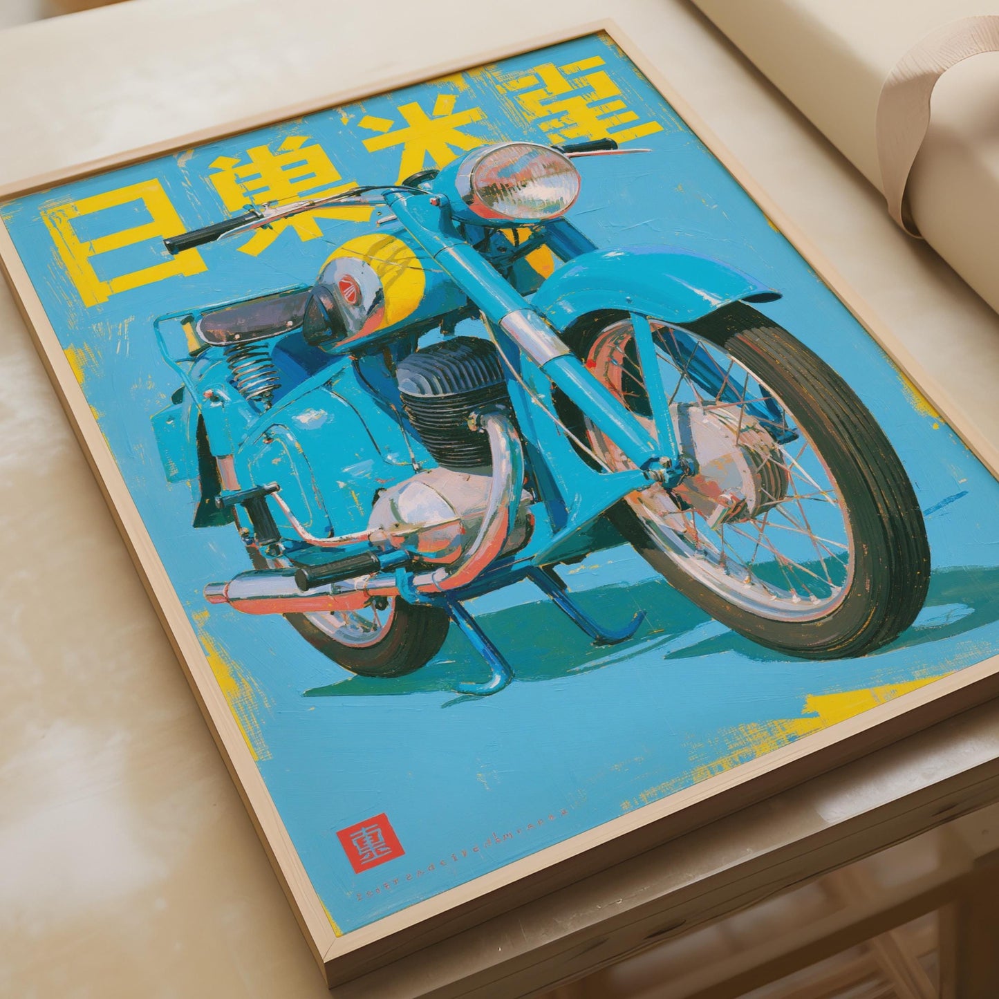 Vintage Japanese Motorcycle Poster, Retro Blue Bike Wall Art, Kanji Print